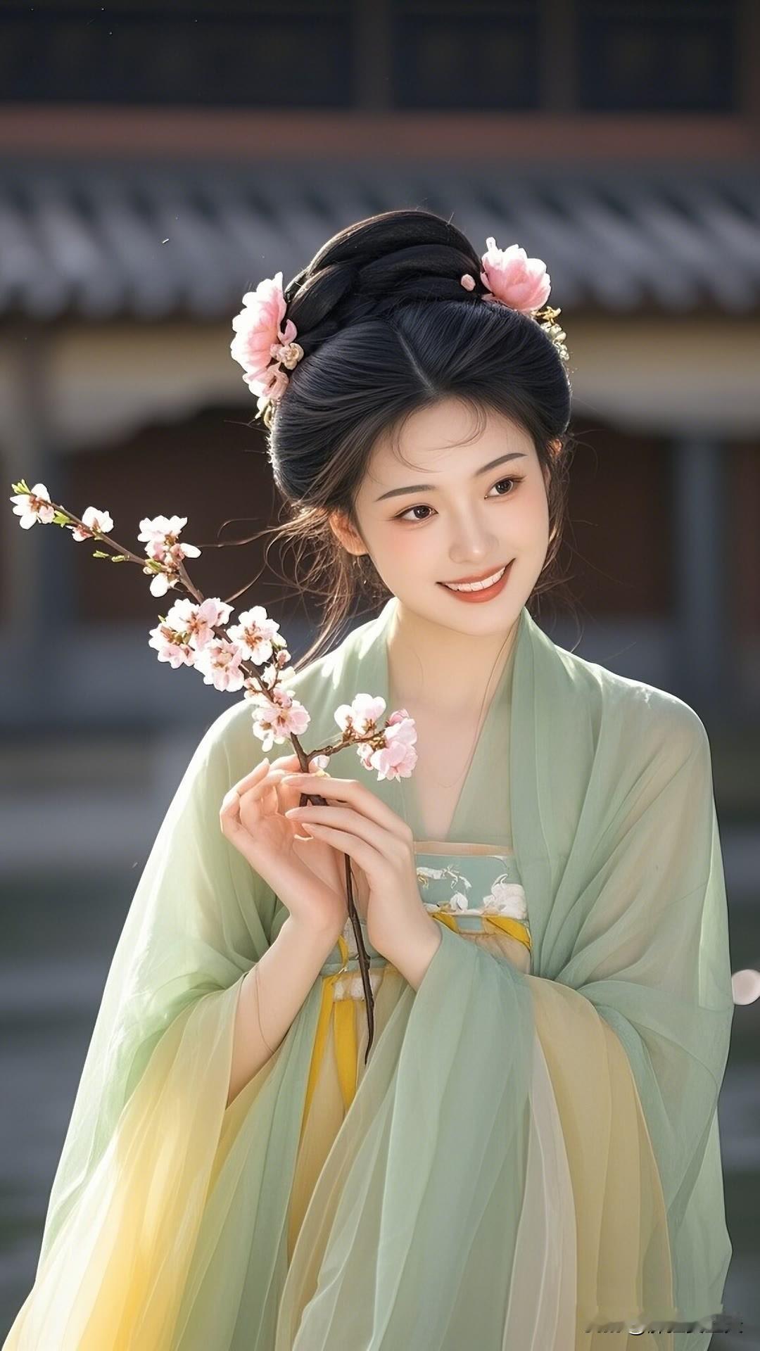 春日杏花盛开时，汉服佳人笑颜展。绿衣白花相映衬，古典韵味盈心间。美女人像群高清