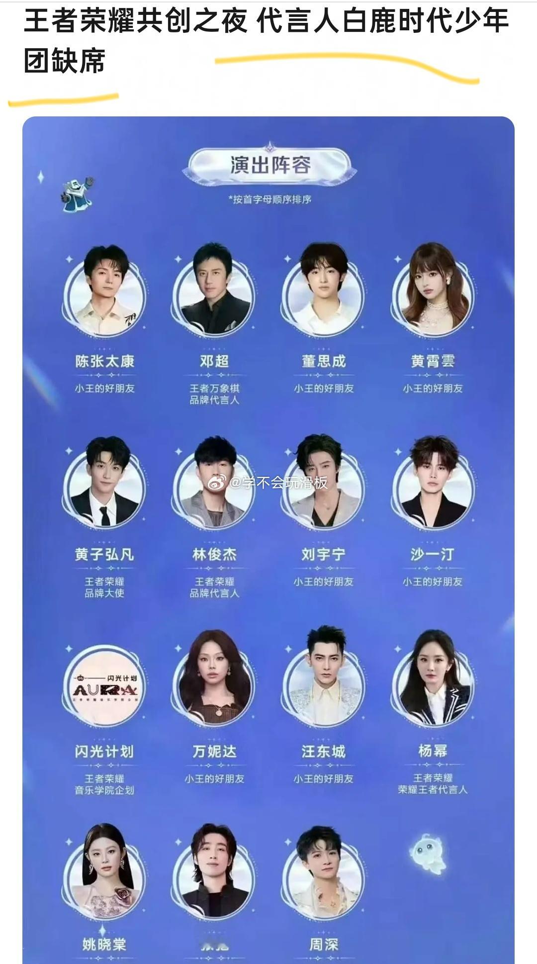 王者荣耀共创之夜官宣白鹿和时代少年团缺席本次活动​​​