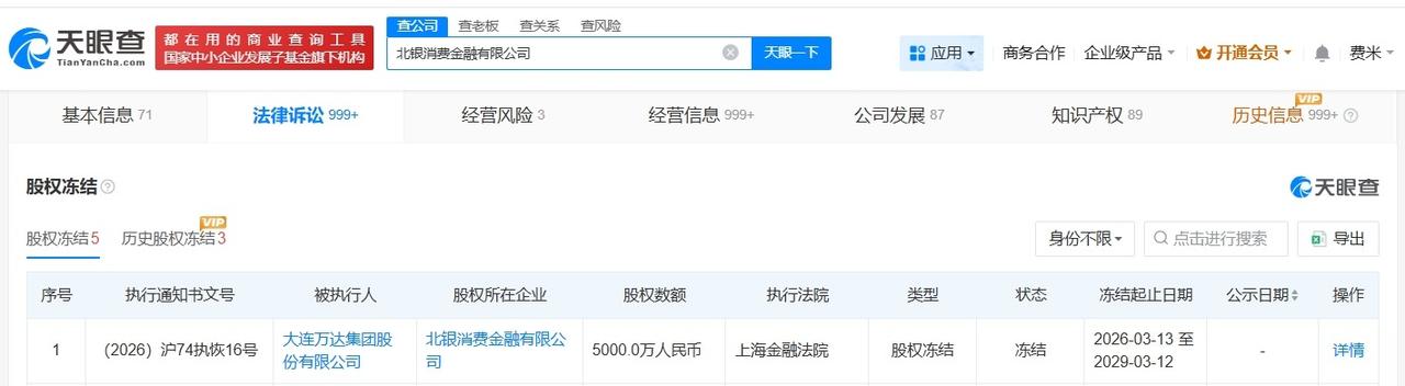 万达集团所持北银消费金融公司股权被全部冻结万达集团所持北银消费金融5000万