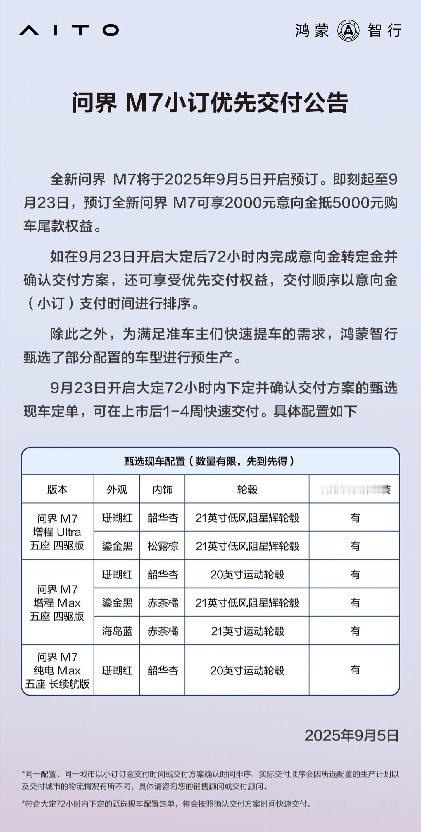 【鸿蒙智行：全新问界M7部分配置预生产，可在上市后1-4周快速交付】9月