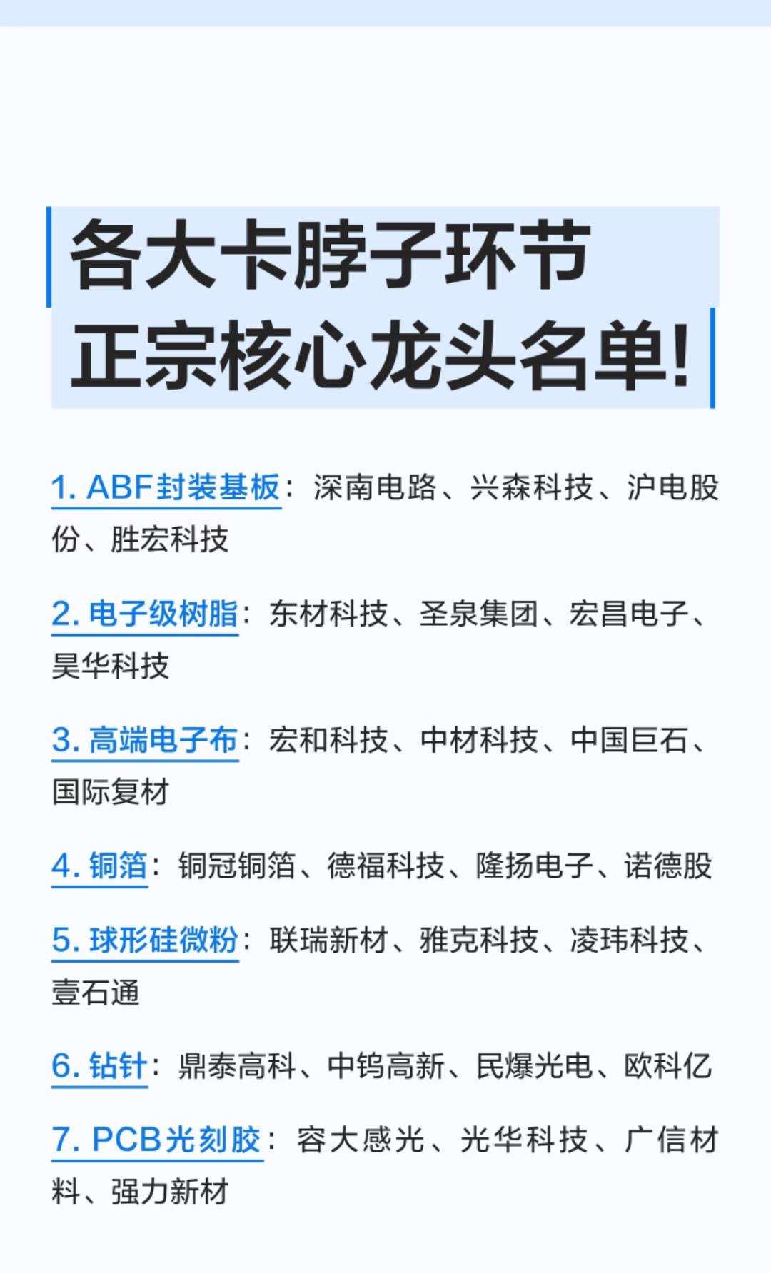 各大卡脖子环节及正宗核心龙头名单梳理1.ABF封装基板*核心龙头：深