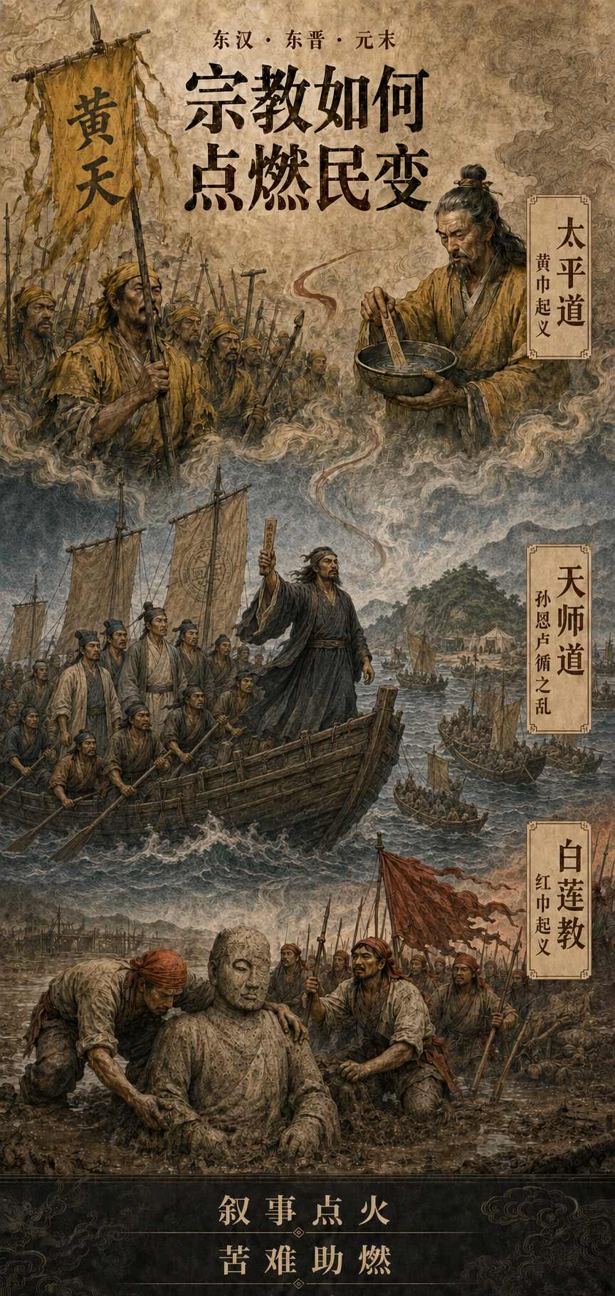 Claude从从叙事到动员，讲述东汉黄巾军、东晋天师道、元末白莲教这三次有宗教性