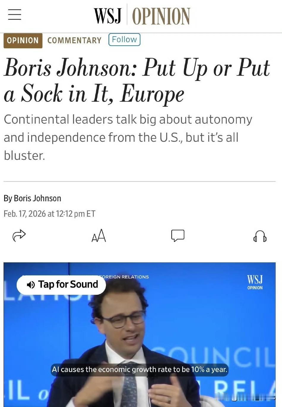 WSJ：约翰逊吁欧洲停止空谈，全面军援乌克兰、解冻俄资产英国前首相Bori