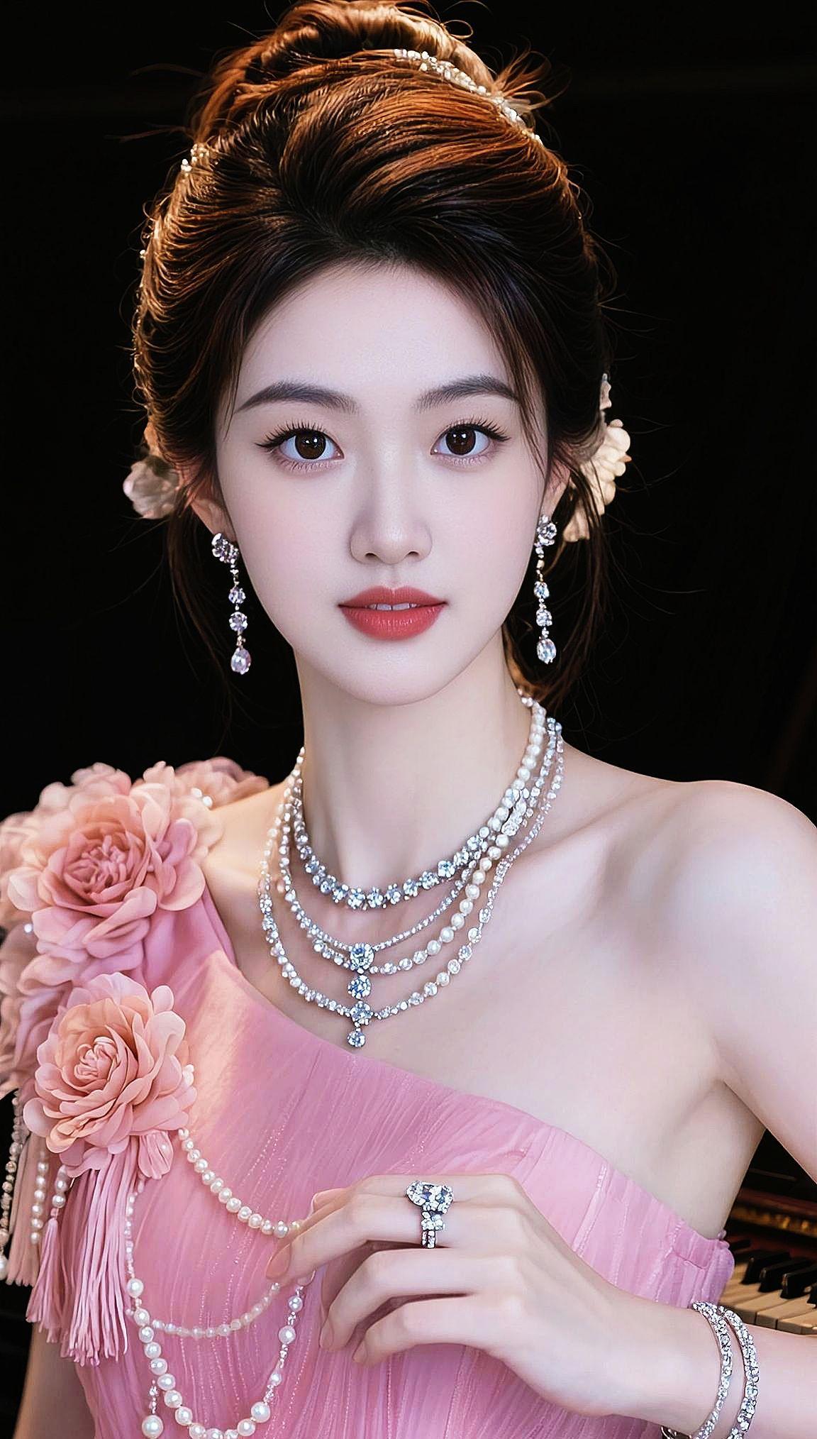 粉色礼服配珍珠首饰，那优雅迷人的效果简直绝了！粉色礼服配珍珠耳钉，随意盘发，既优