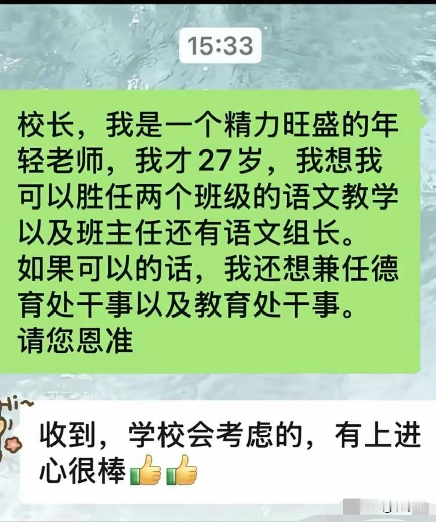 27岁，精力旺盛，手握两张教师资格证，上来就跟校长要两个班的语文课加班主任，还要