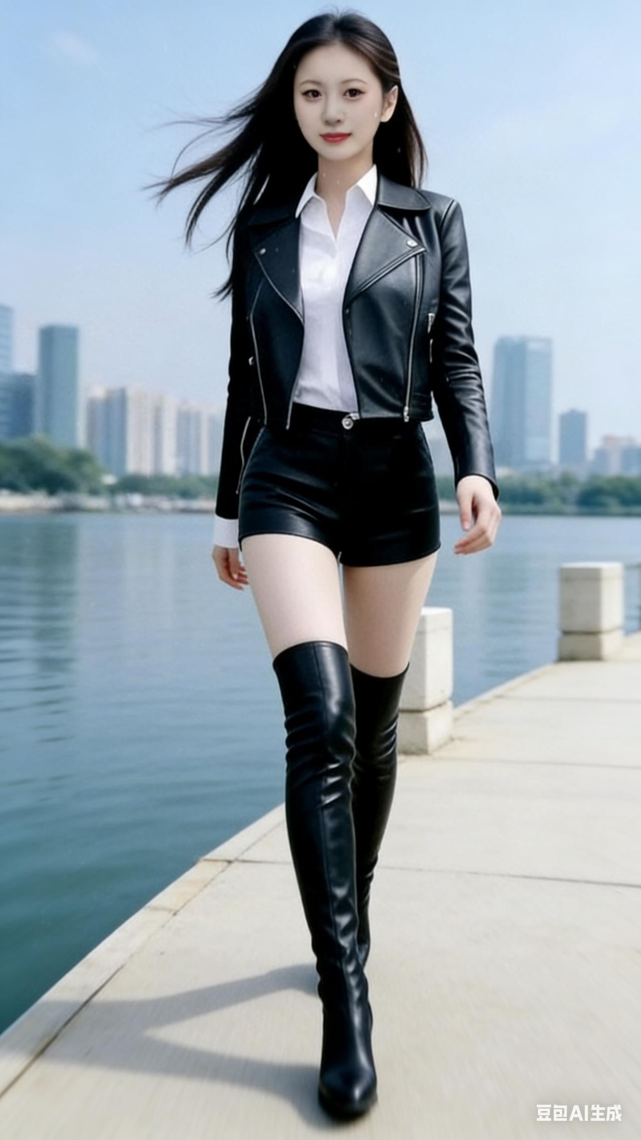 女孩沿着江边步道缓步前行，晚风轻拂，发丝随风微微扬起，温柔地掠过脸颊。她时而轻垂