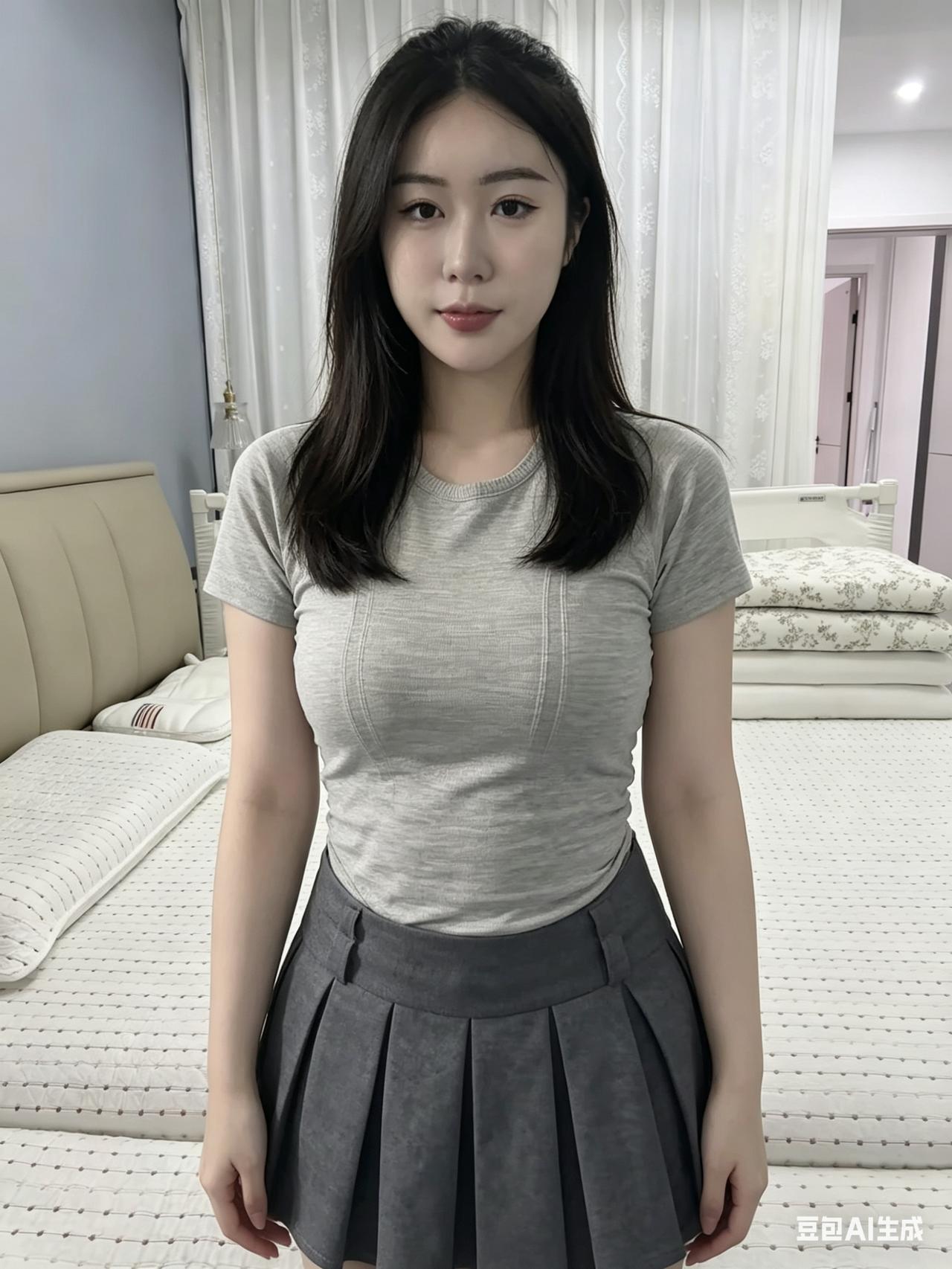 闲庭晴日暖，素影立娉婷。衫浅凝霜雪，裙灰衬玉灵。眉如远山黛，眸似秋水明。一