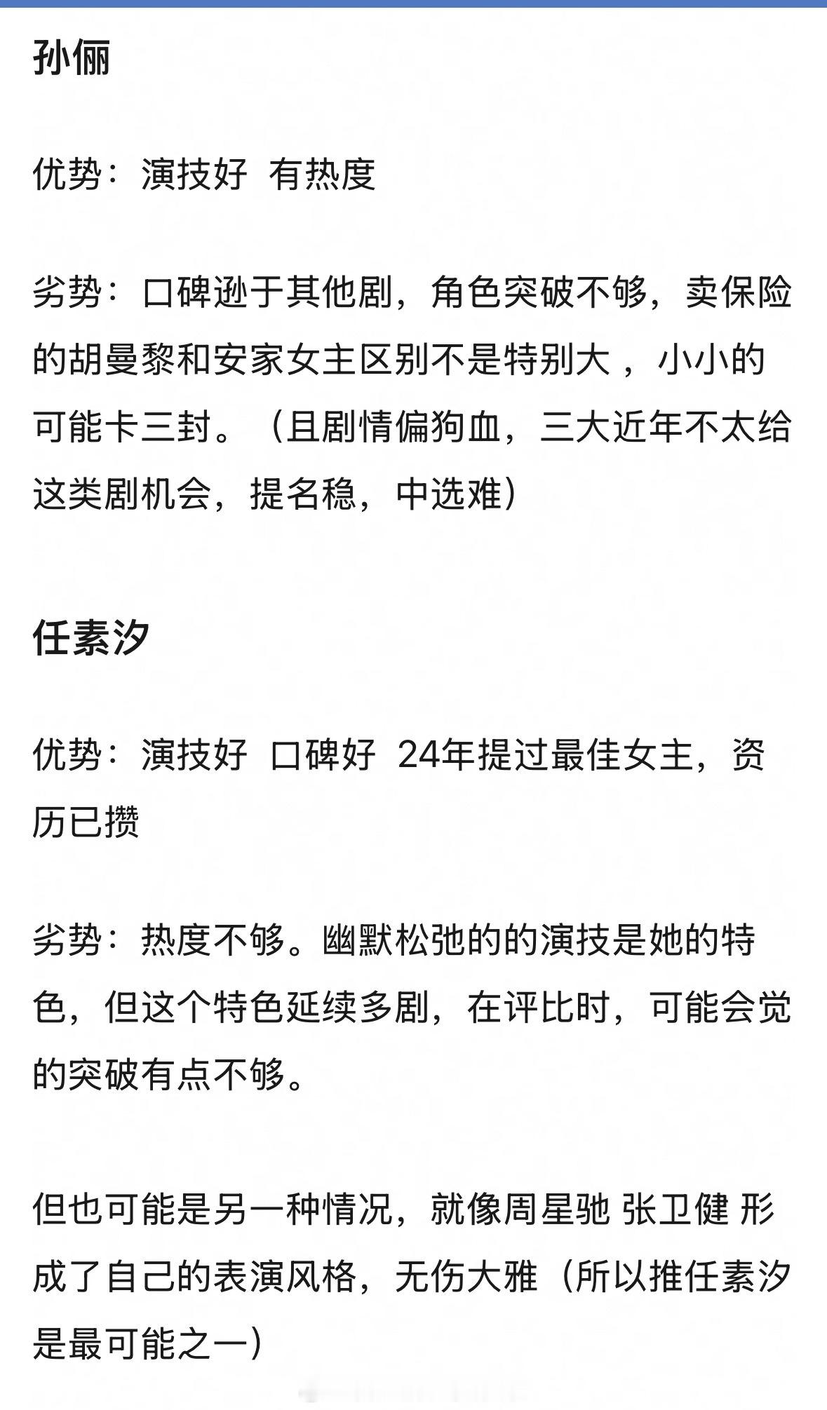 今年网友锐评白玉兰视帝/视后种子选手的优劣势，客观否？最佳男主候选人：于和伟、胡