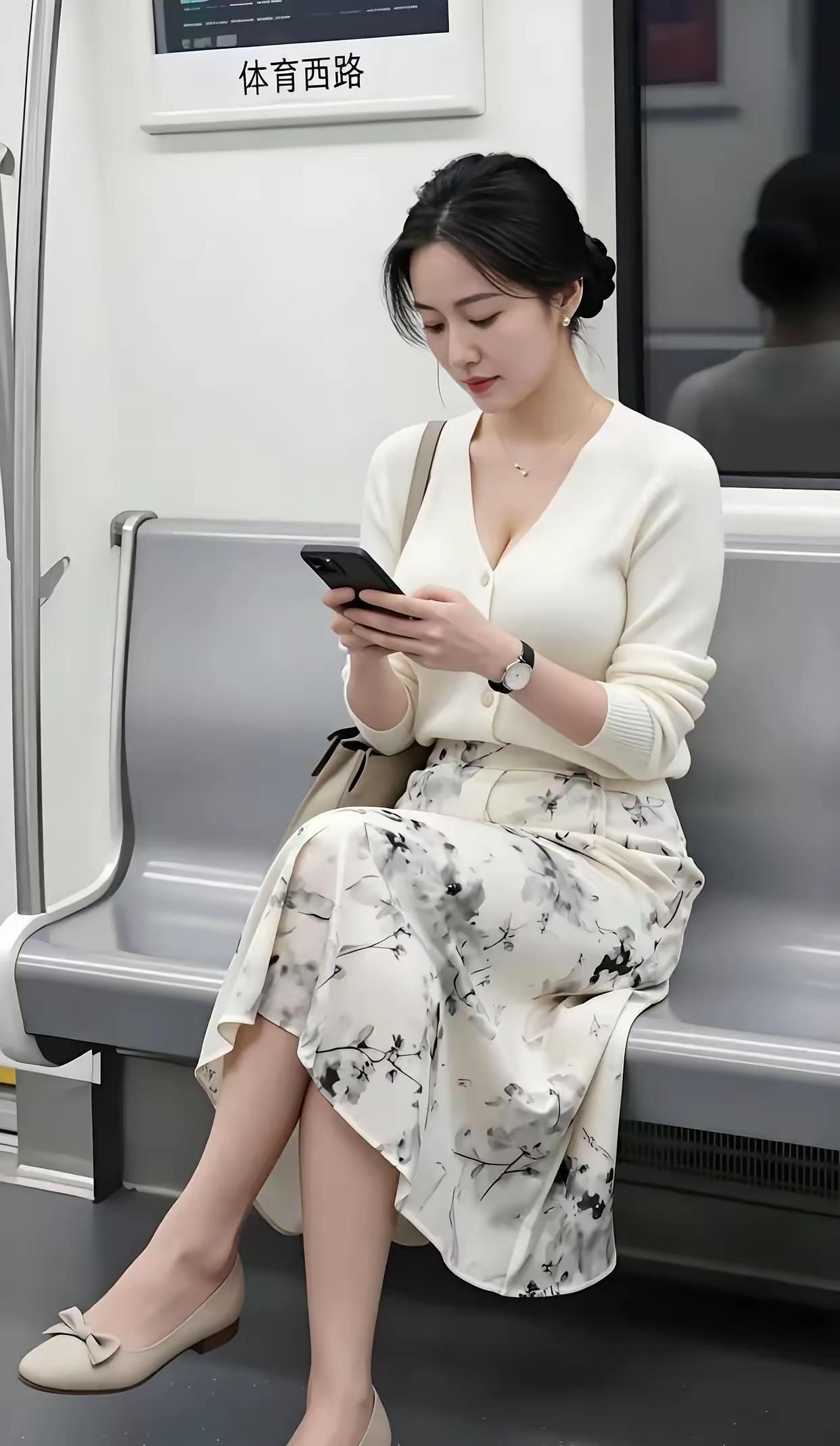 地铁上，一个美女在看手机。