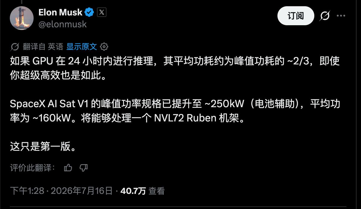 马斯克近日发帖透露，SpaceXAISatV1的峰值功率规格已提升至约