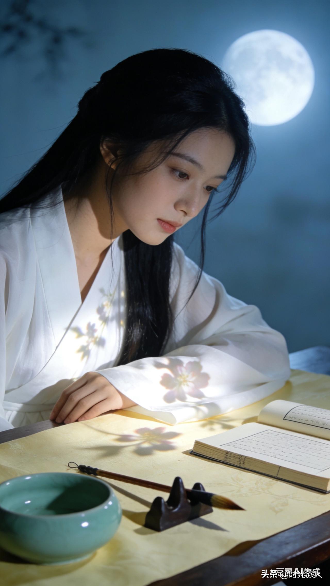 昨晚我失眠，望着月光和花影，忽然就冒出一句上联，自己琢磨了好久，总觉得差点意