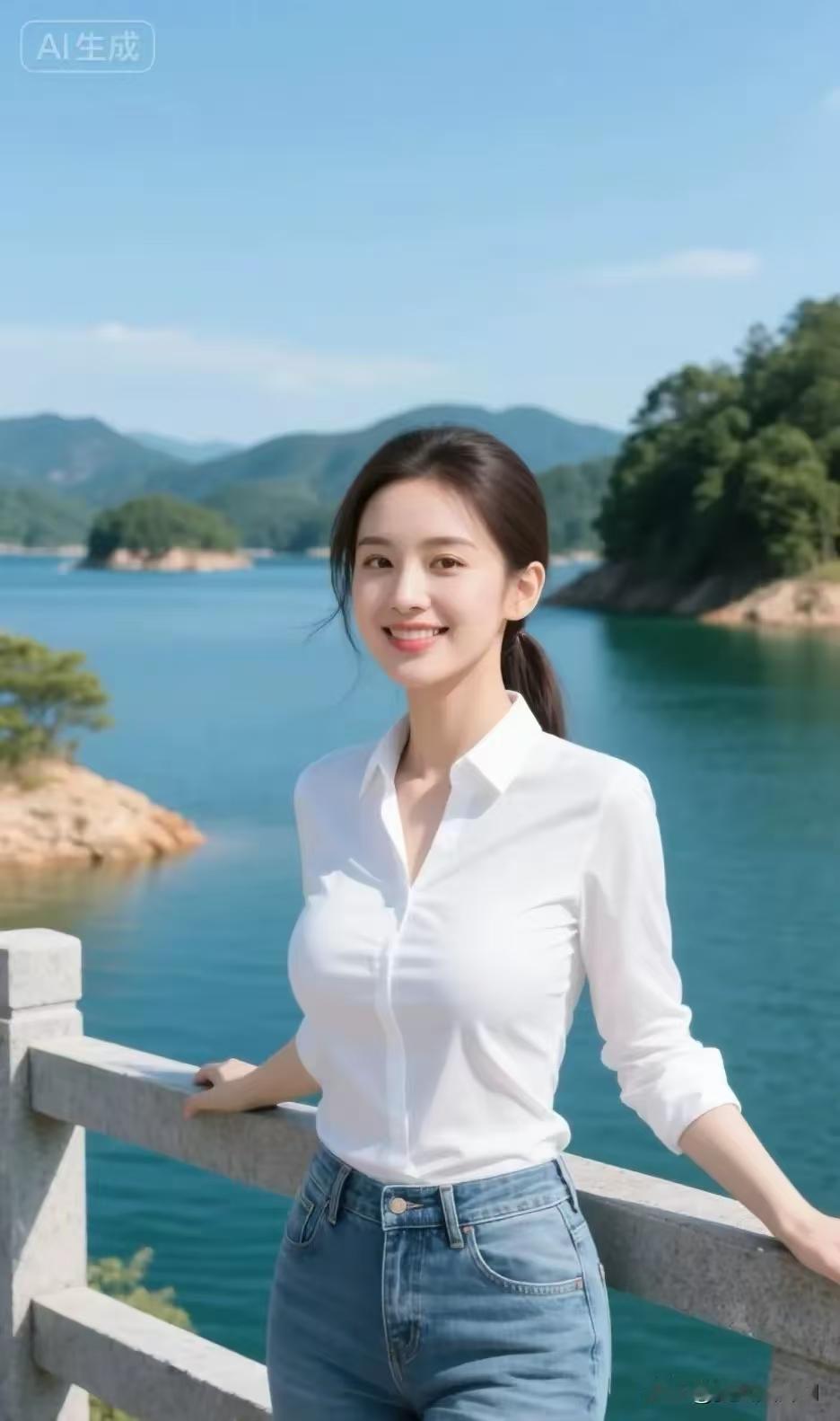 天净沙·倩影素衫浅裤清姿，明眸秋水含痴，雅态风华绝世。嫣然一笑，绝尘自