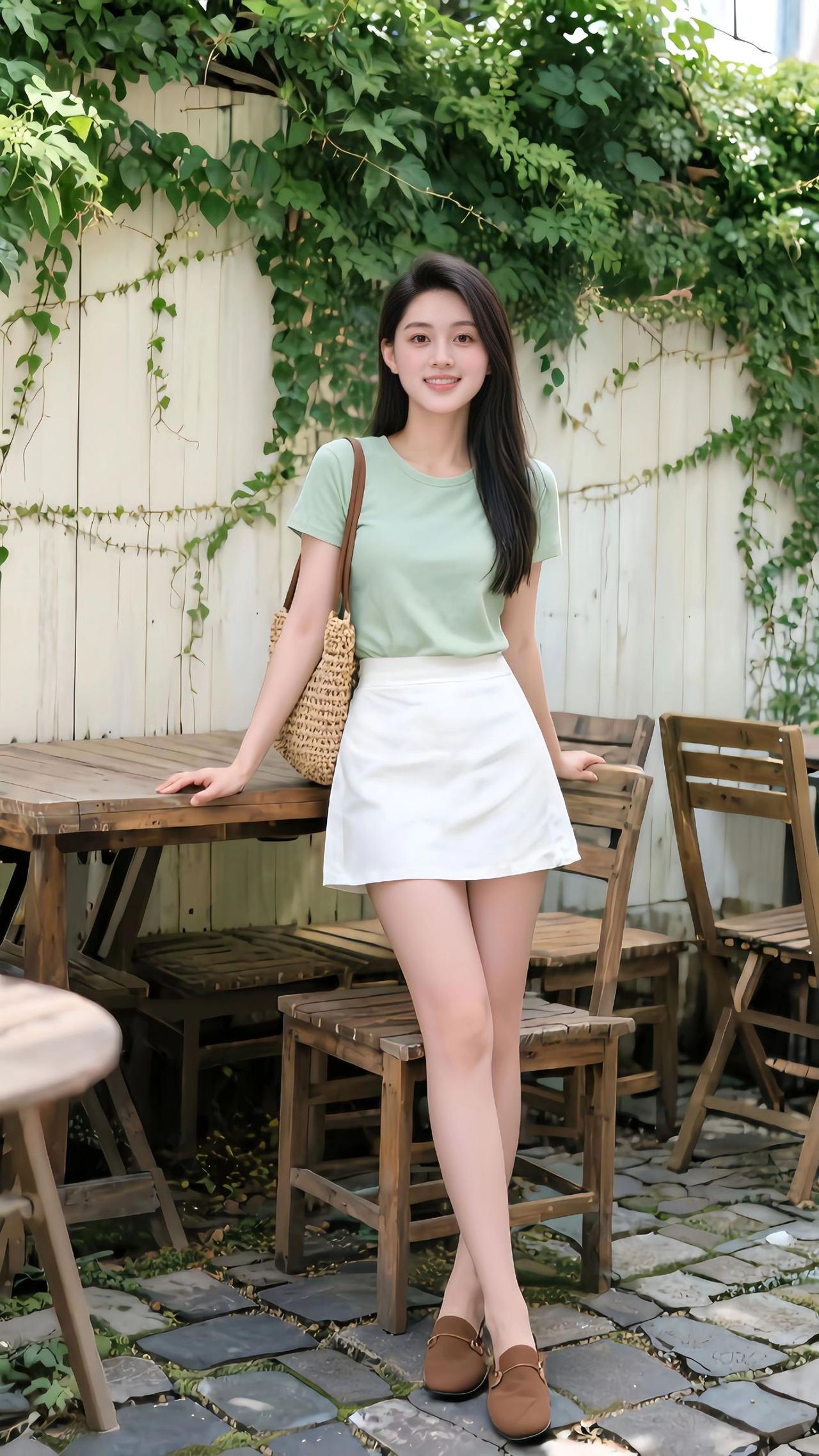 清新夏日穿搭，绿T白裙，轻松自在