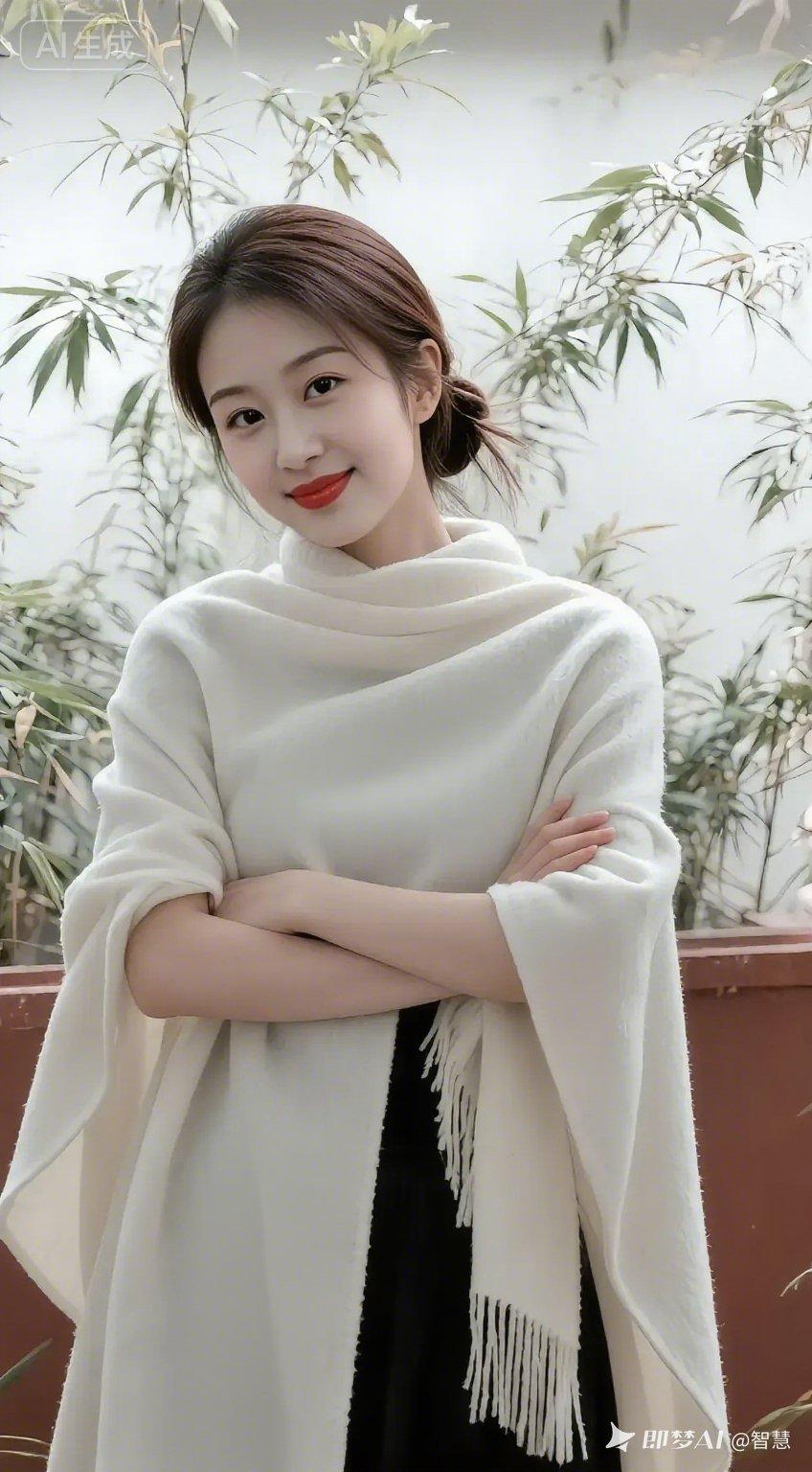温柔冬日穿搭，白色披肩搭配黑色裙摆，简约优雅。