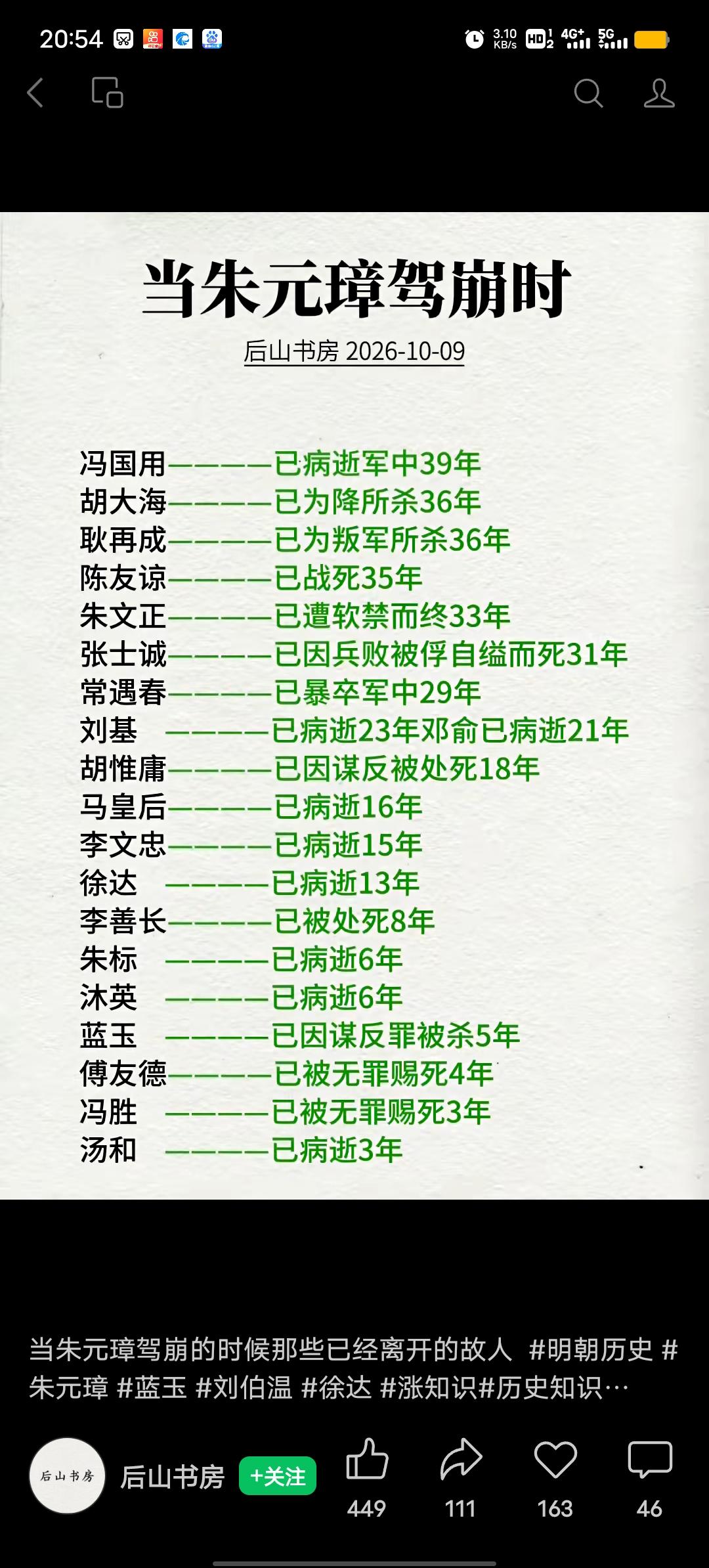 朱元璋1398年驾崩的时候，他那些打天下的老对手基本早就凉透了。陈友谅比他早死