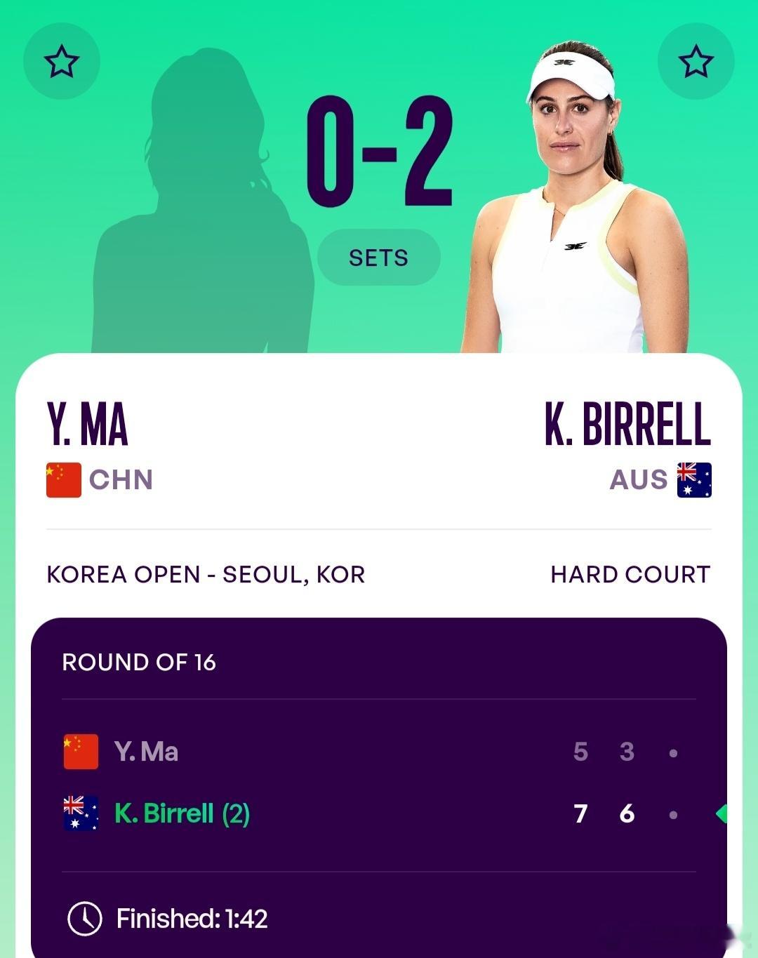 WTA250首尔站🇰🇷女单第2轮马烨欣🇨🇳5-7/3-6不敌比雷尔🇦?