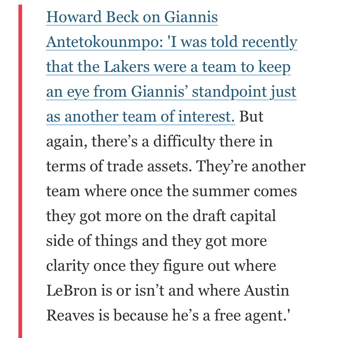 洛杉矶湖人被迫有意，虽迟但到。HowardBeck：“我近期得到消息，从字母哥