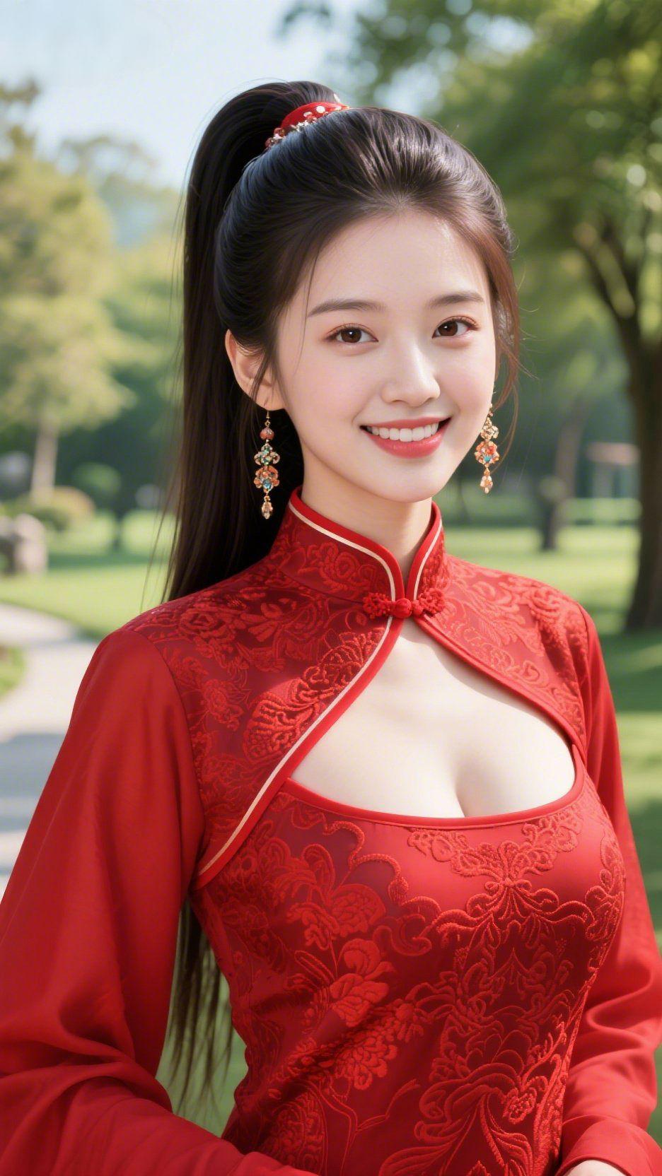 红衣伴春的柔韵一袭正红绣纹衣，似将春日霞光揉进针脚里。高马尾利落灵动，耳坠