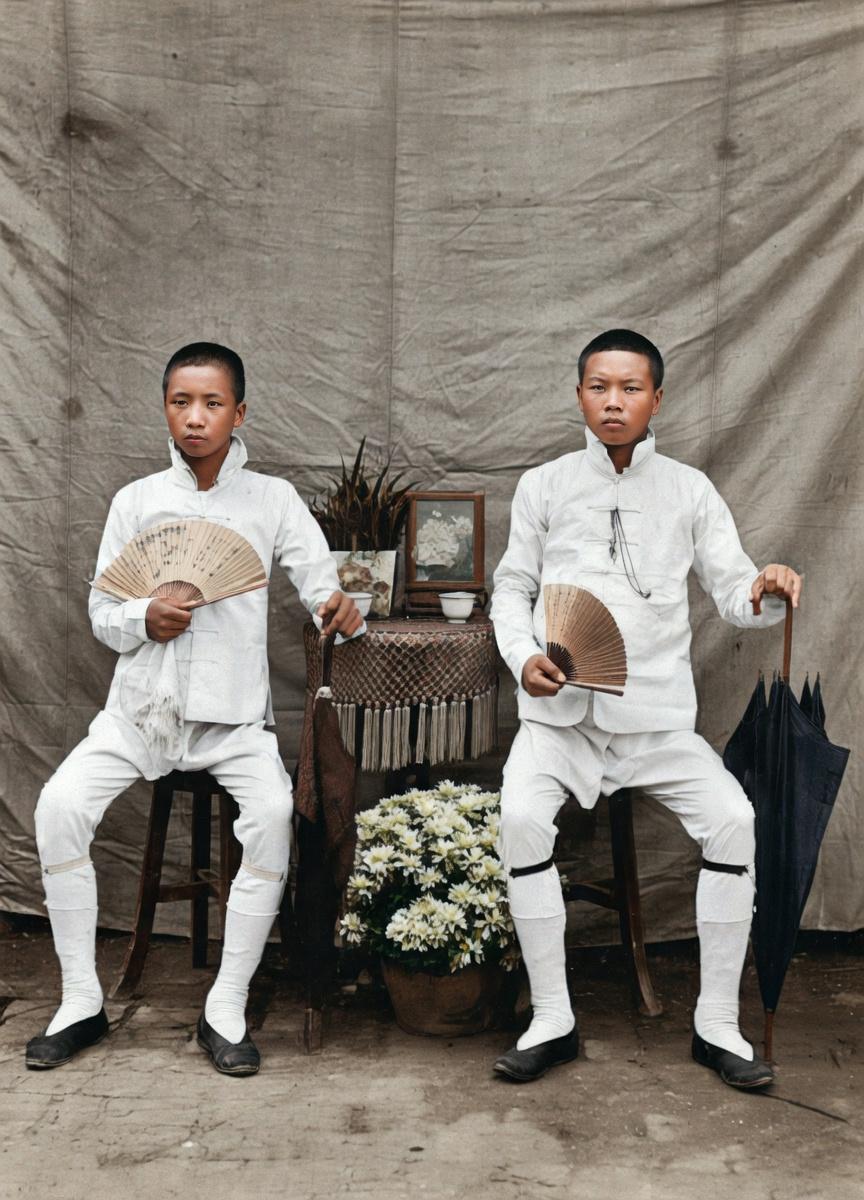 民国初年，两位中国年轻男子的时髦造型，中间条案上的兰草盆栽、装饰画、流苏挂饰，地