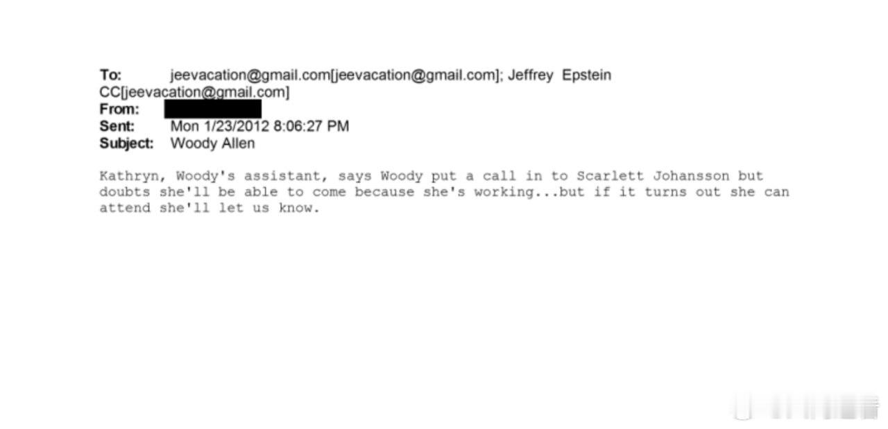 爱泼斯坦2012年1月的邮件显示，爱泼斯坦家中正筹备一场晚宴，电影导演伍迪·艾伦