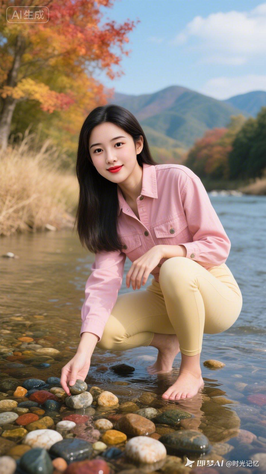 秋日暖阳下，少女与溪水亲密接触，感受大自然的温柔拥抱。🍂💦🌿