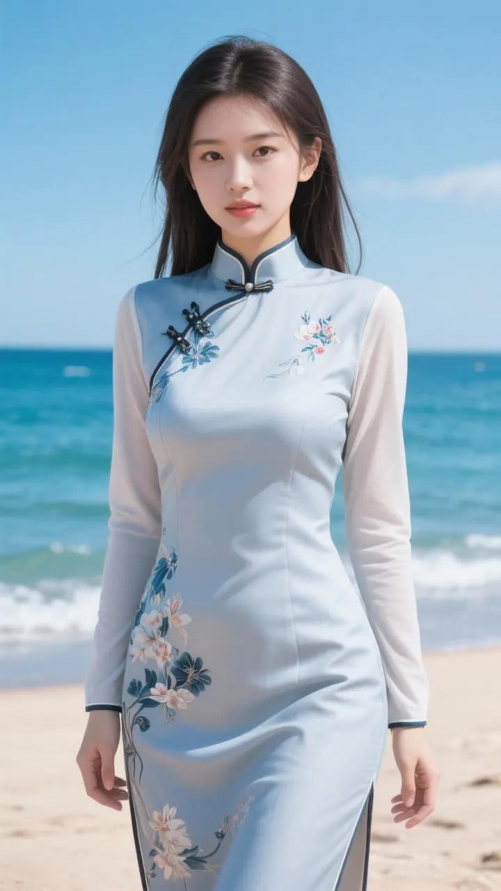海边少女，清新旗袍，花海漫步