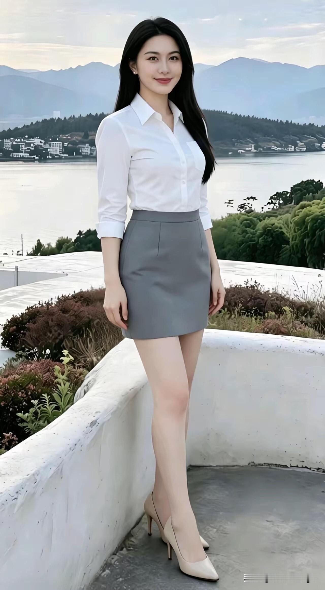优雅职场风，白衬衫+灰色短裙，尽显女性魅力！