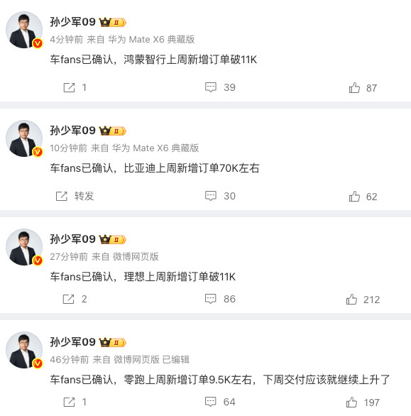 来自上周新增订单鸿蒙智行（华子天团）11K理想汽车11K比亚迪：70L零跑：9