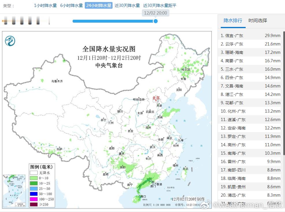 【降水】昨晚到今天，广东海南的降雨增多，两省站点包揽24小时降水榜前10。其中广
