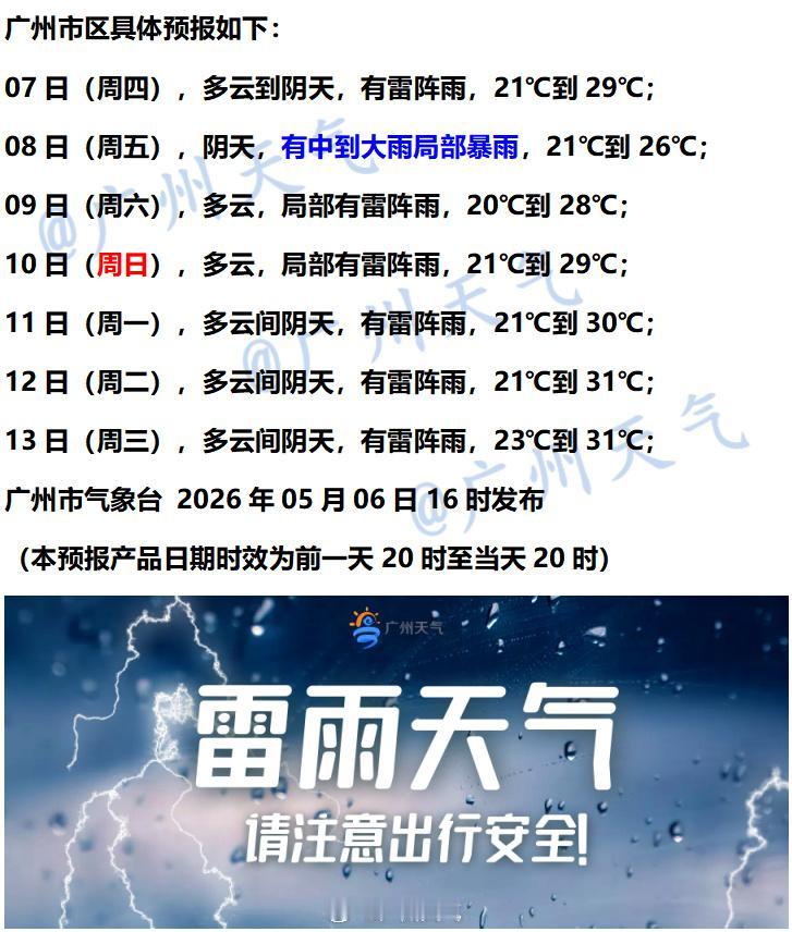 【广州未来七天（5月7日～5月13日）天气概况】广州地区明天（周四）有雷阵雨，气