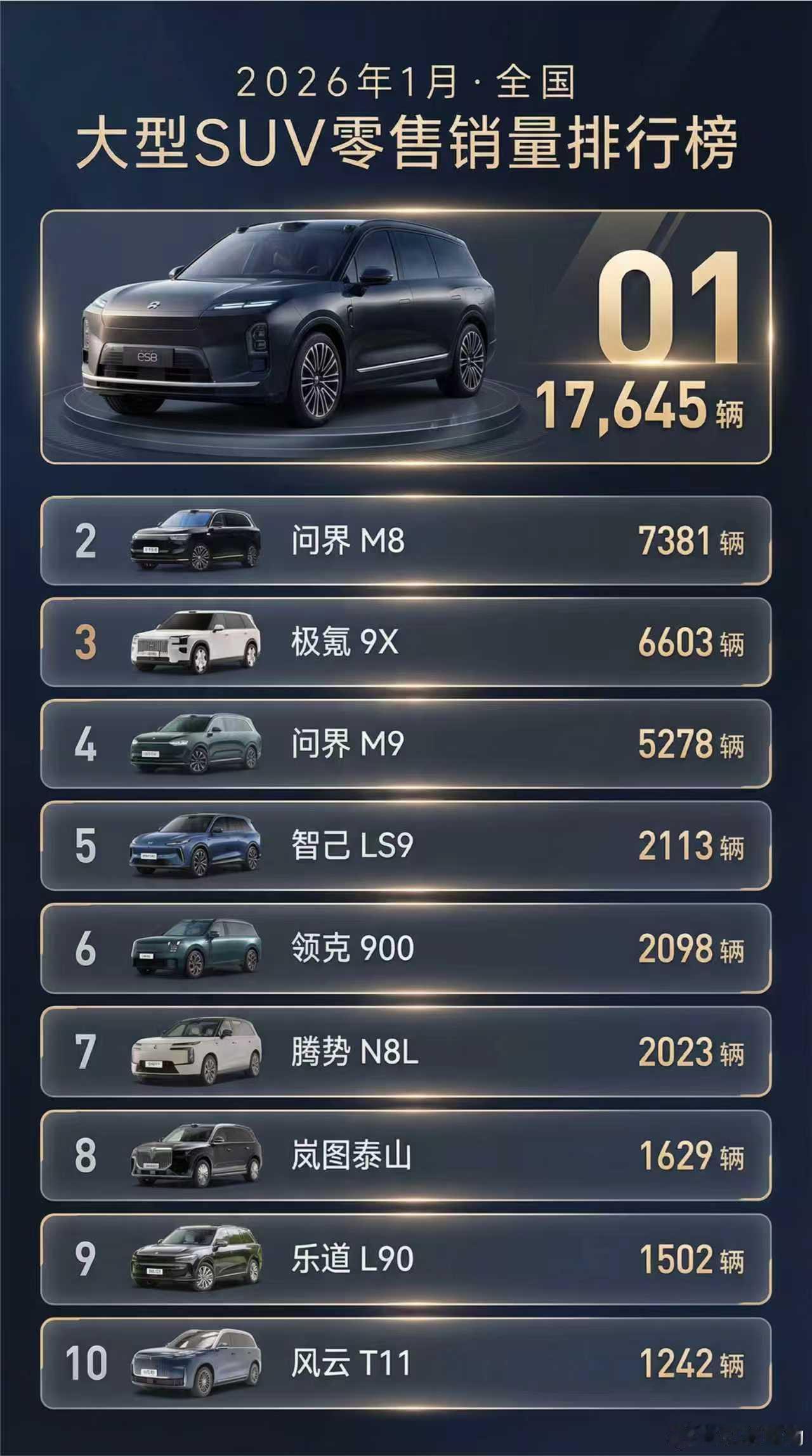 大型suv零售销量排行榜，es8第一，加不加纯电定语都是第一☝️情况就是这么个情