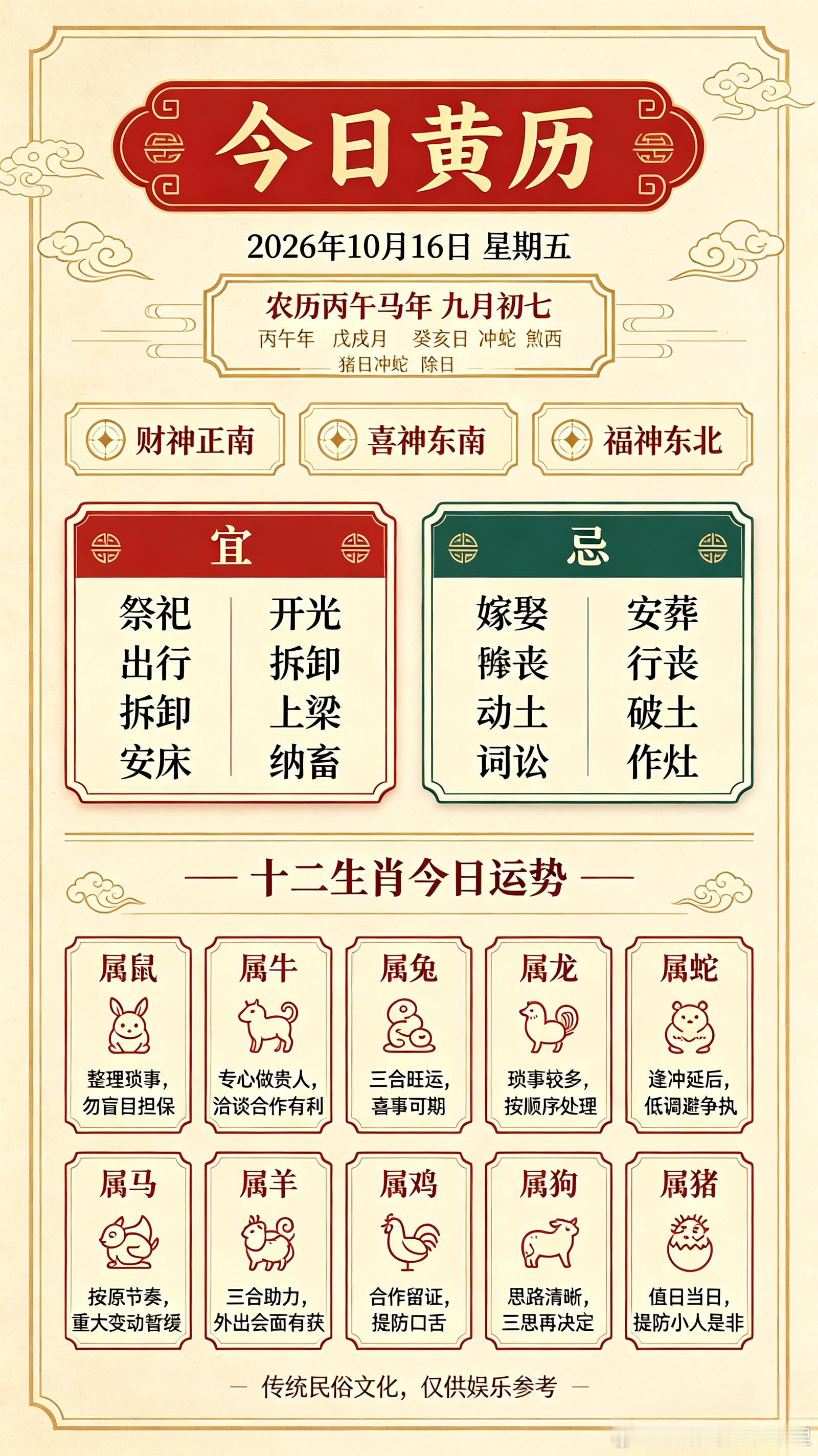 ✨小运播报｜2026.10.16公历：2026年10月16日星期五农历：丙午马