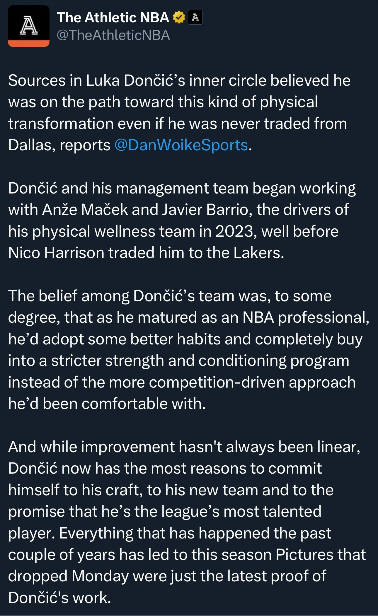 DanWoike：东契奇的核心圈子内消息人士认为，即使他没有被独行侠交易走，他