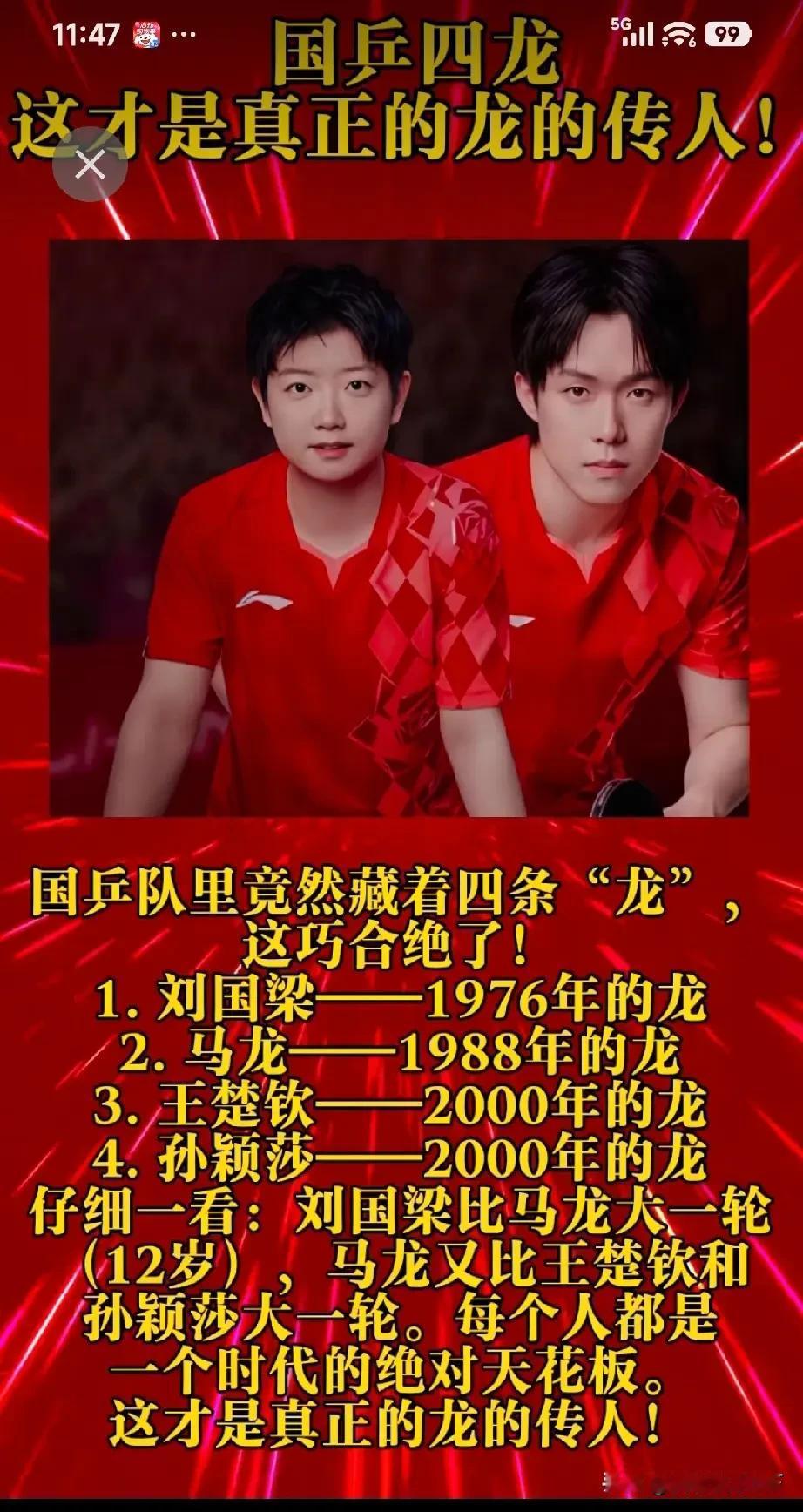 国乒这“四龙”真的绝了！刘国梁、马龙、王楚钦、孙颖莎，全属龙，还刚好差一轮一轮