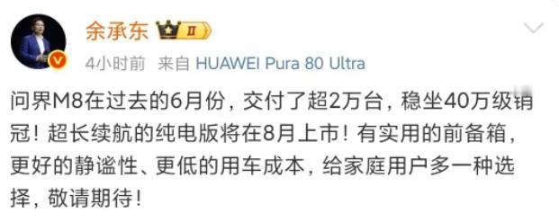 新晋当红的问界M8销量突破2万辆，果然在华为的光环之下更善于销售高端产品。15