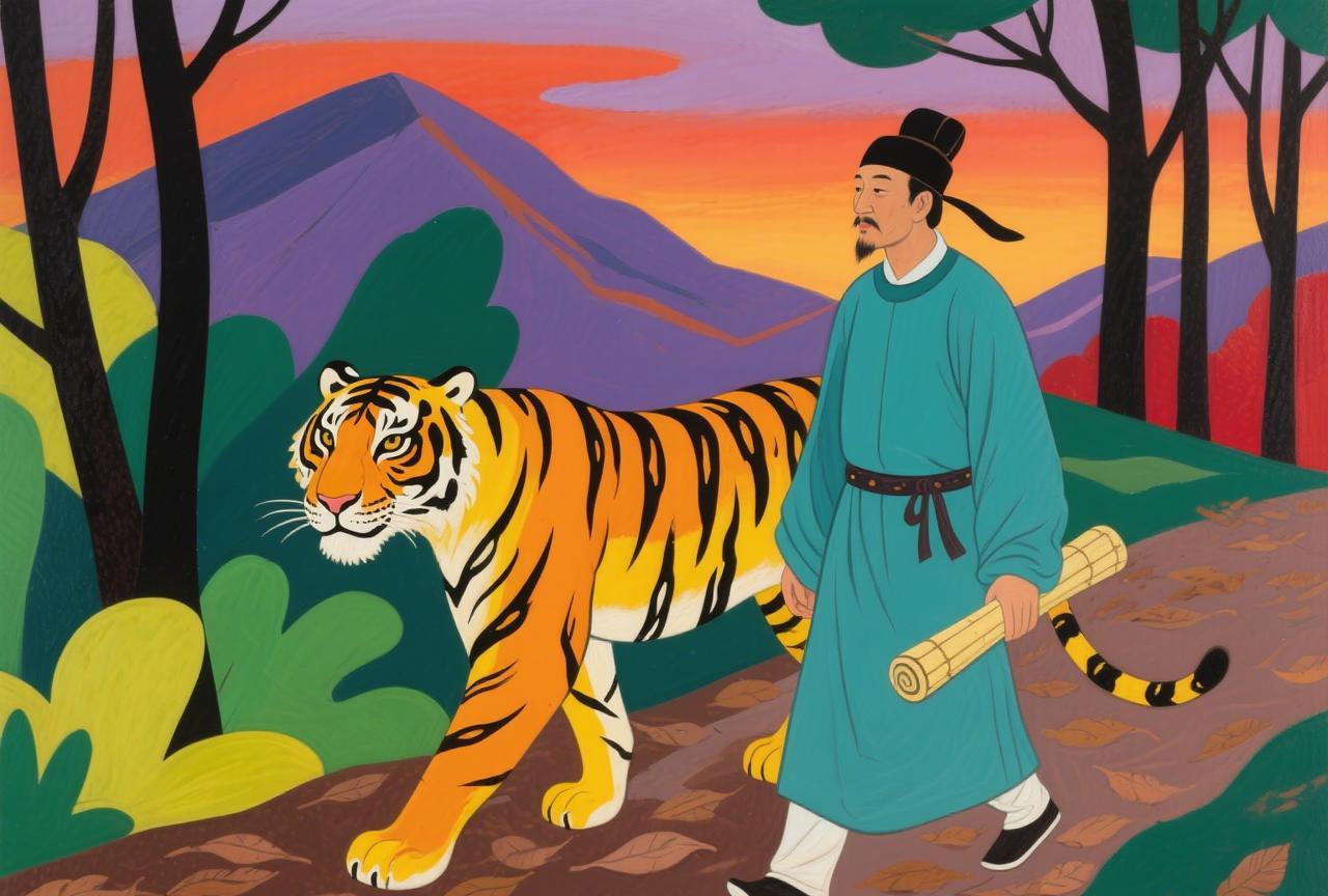 书生赴考，上街闲逛，看见一个耍马戏的表演训虎，每当完成一个指令，就喂它一坨食物，