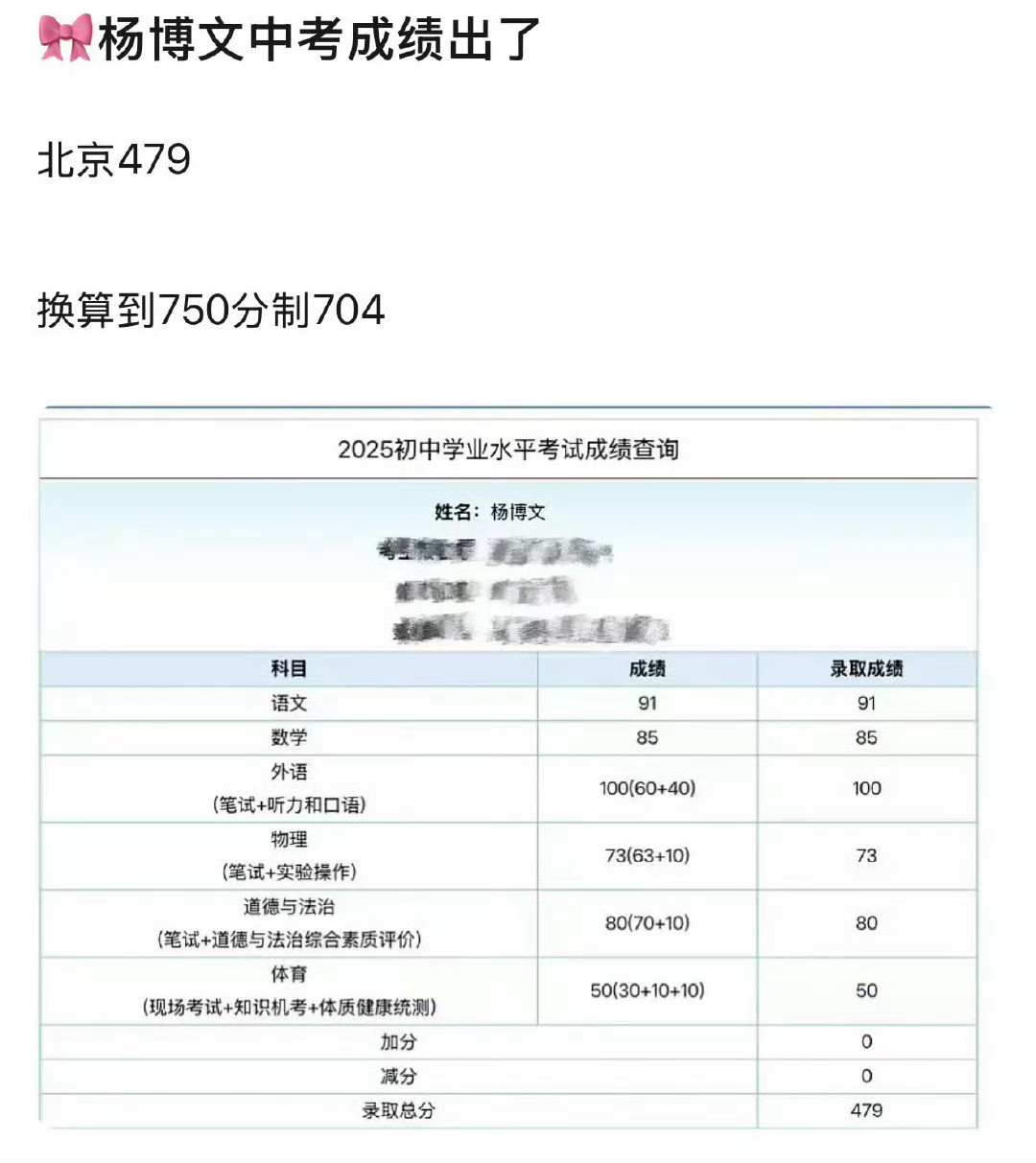 杨博文中考479🔥杨博文中考479分！娱乐圈真学霸诞生，丰台区排名79！满分