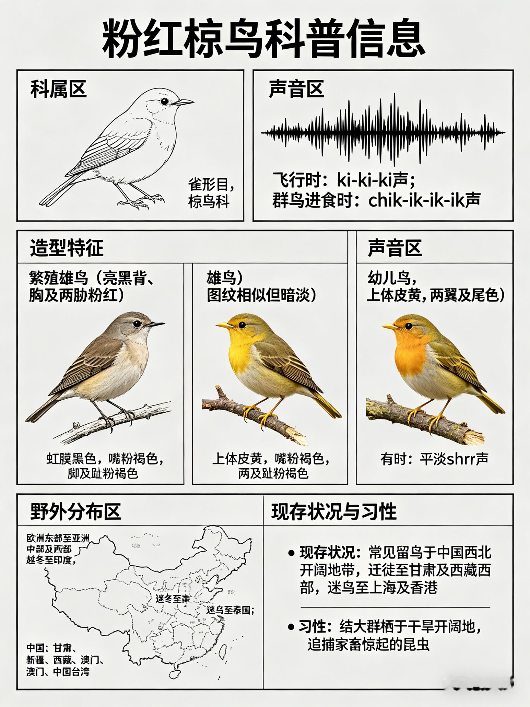 鸟类朋友图鉴粉红椋鸟·科属：雀形目，椋鸟科。·外形特征：中等体型（22cm）的