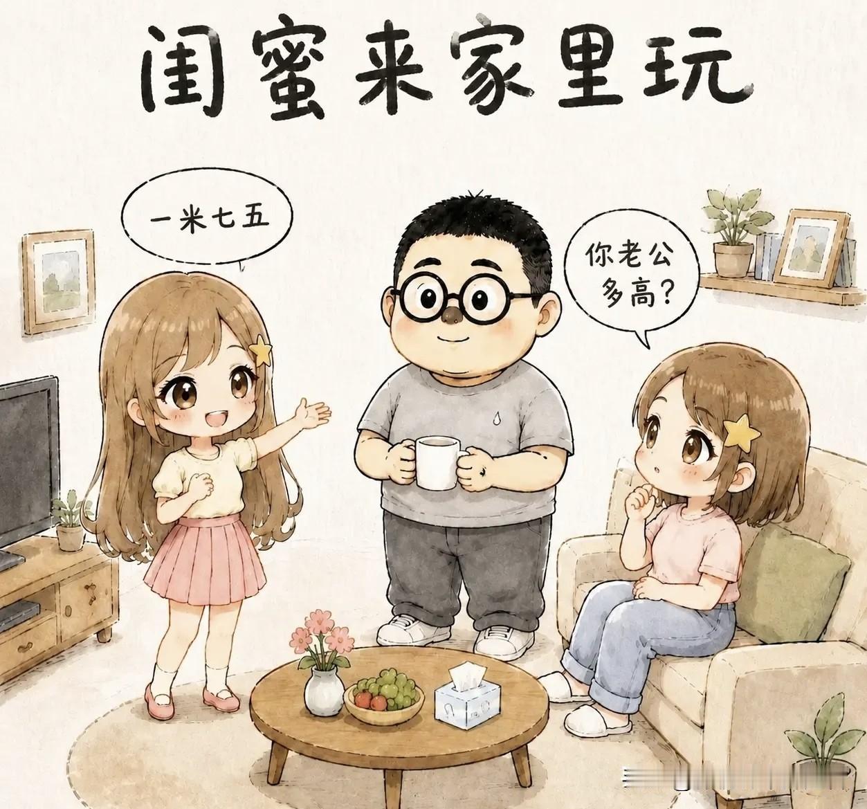 趣味漫画：闺蜜来家里玩问：「你老公多高？」老婆答：「一米七五。」老公在旁边咳嗽：