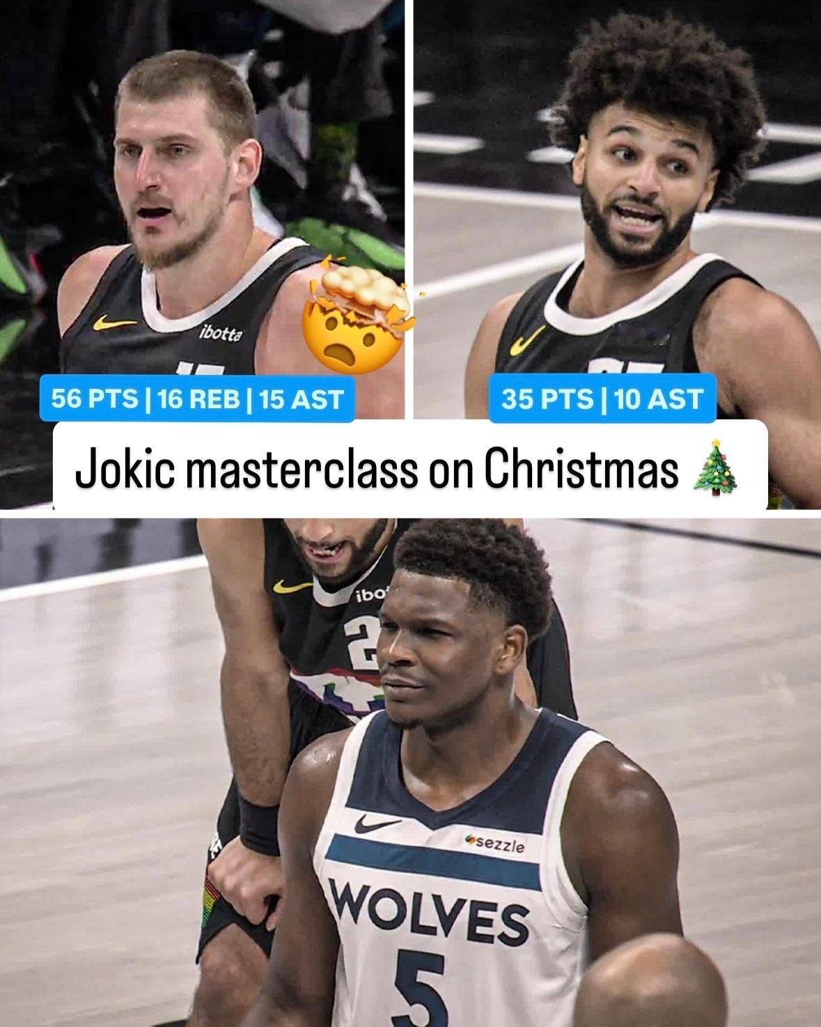 约基奇56分，圣诞大战历史第三NBA历史第一个单场55+15+15加时赛18分，