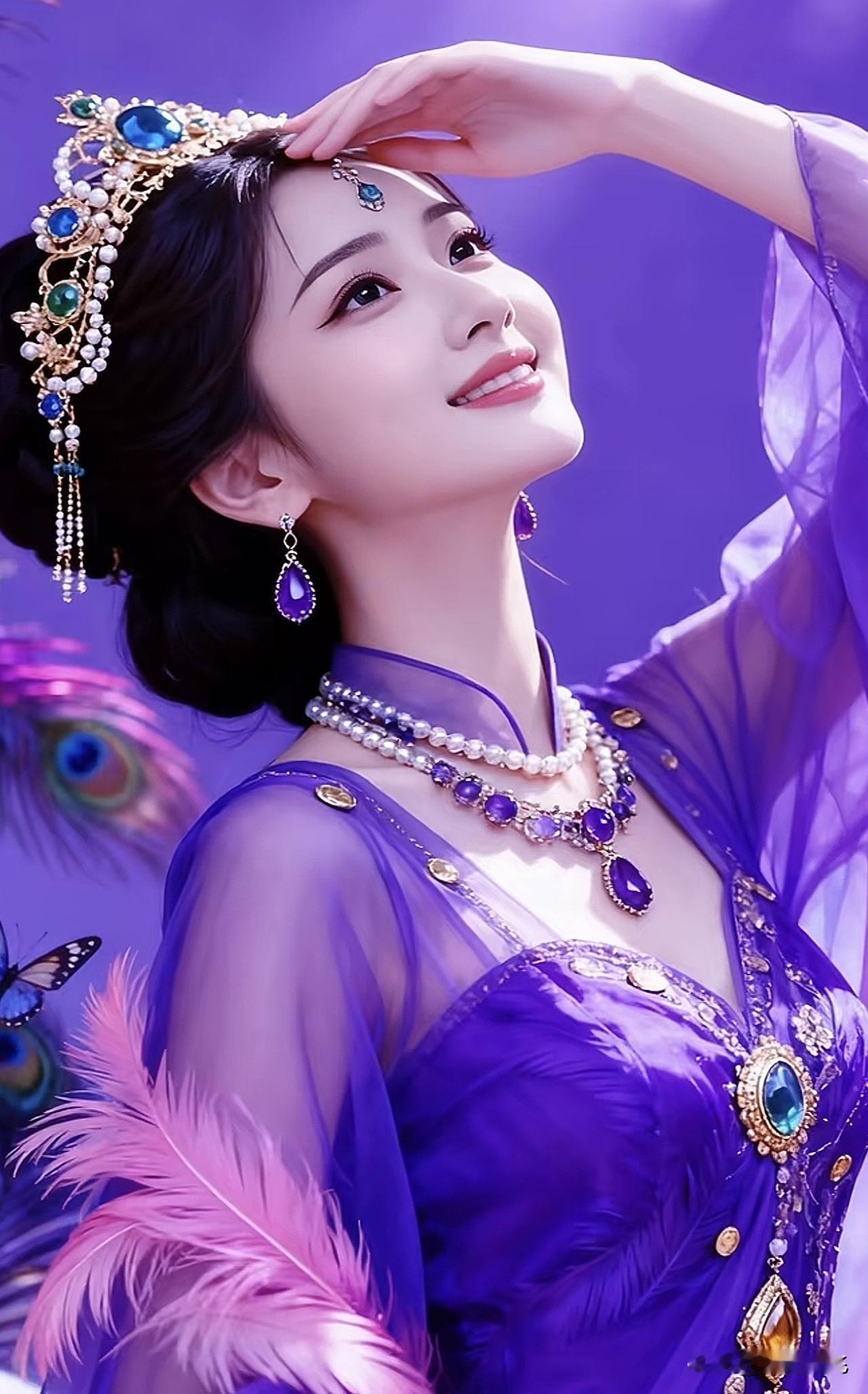 梦幻紫色仙子，头戴珠宝，身披羽毛，宛如童话中的公主。紫色梦幻少女紫色梦幻裙紫