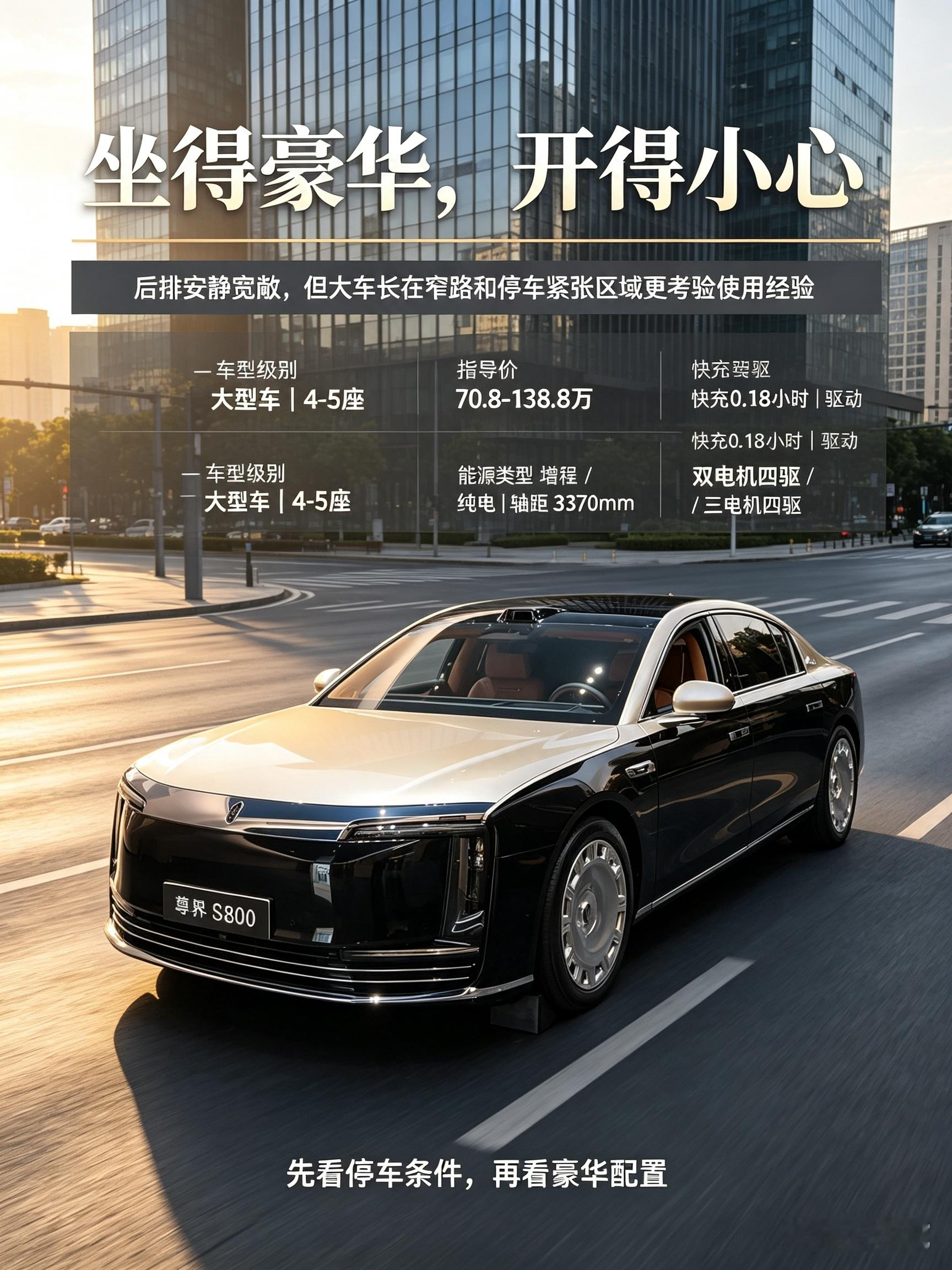 尊界S800是定位顶级豪华的大型轿车，双色外观气场很强，车内用料、静谧性和后排舒适性拉满，纯电与增程