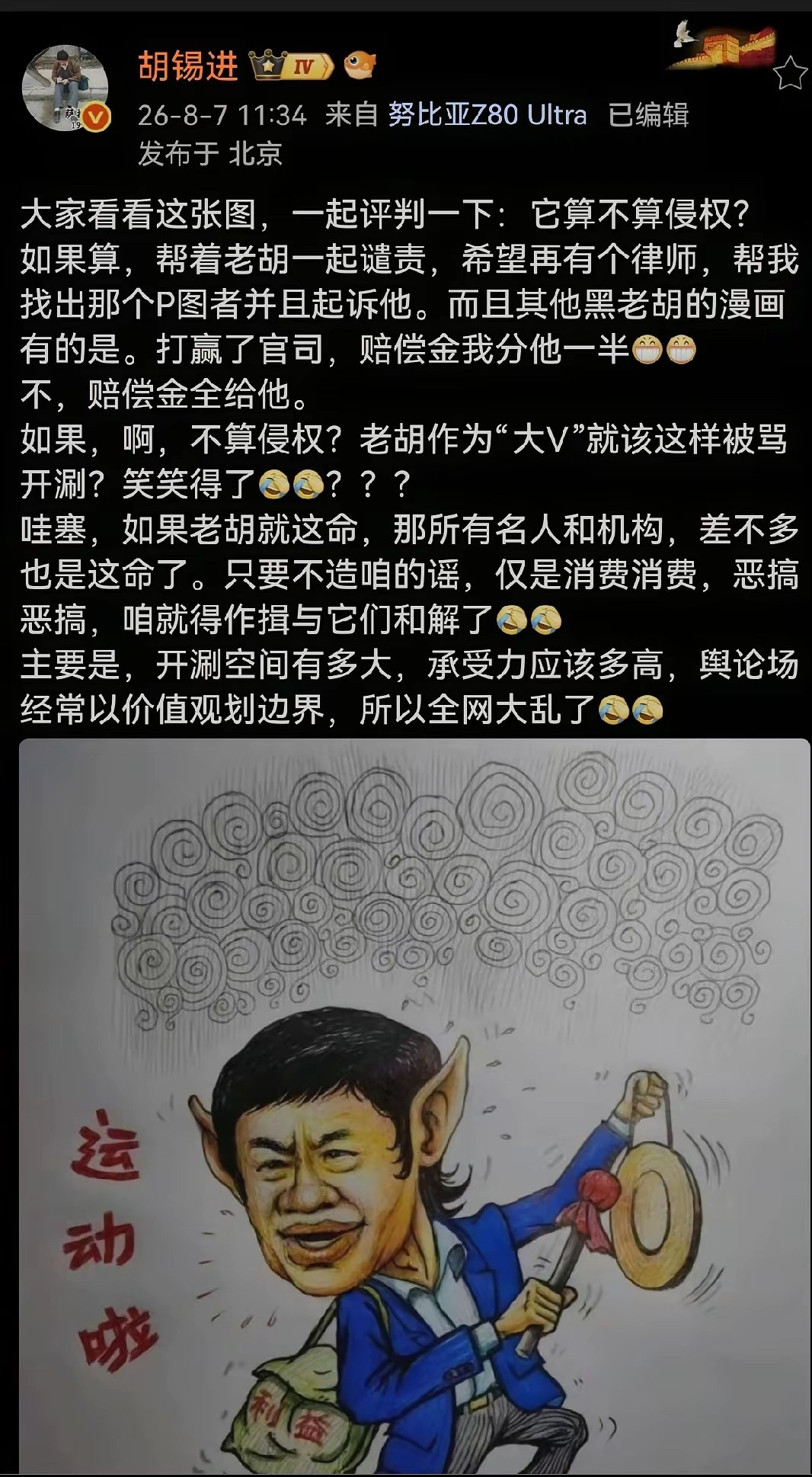 谁把胡锡进画成这样的？要大度，要包容。现在老胡也要维权了。这幅画应该是美化了老胡