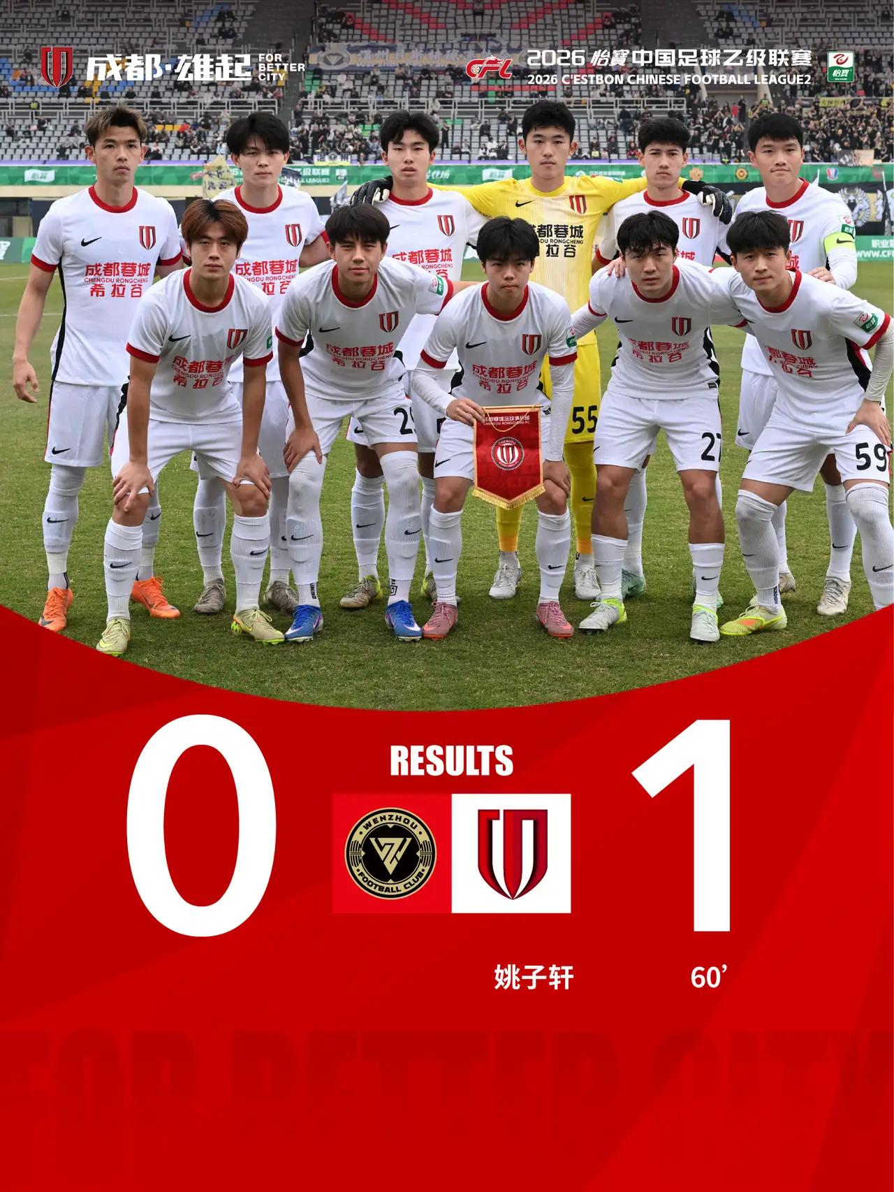 开门红，成都蓉城b在新赛季中乙联赛首战中，依靠姚子轩的进球，1：0客场战胜温州F