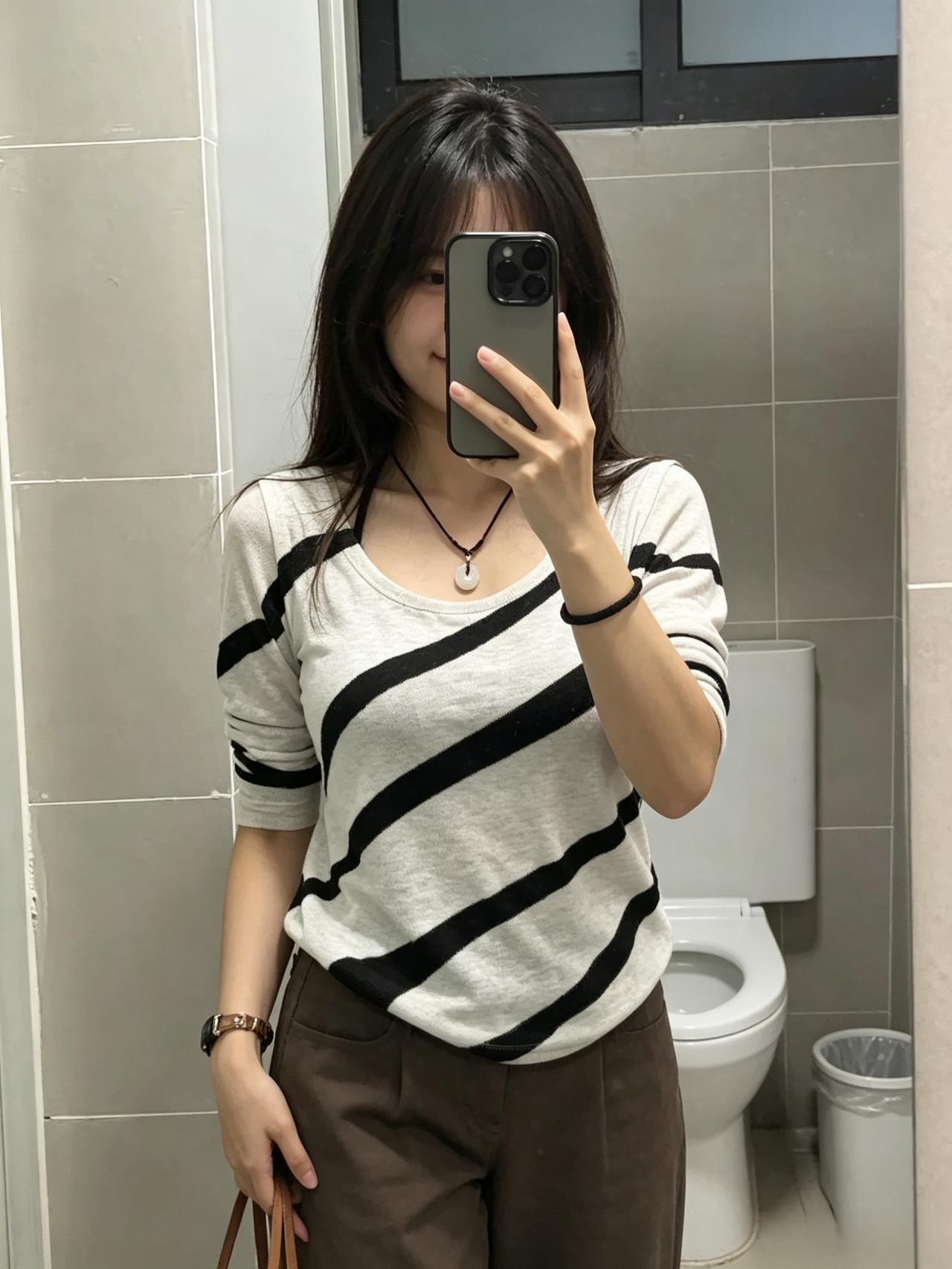 斜纹柔上衣，垂发掩眉低。持镜遮半面，温婉自成诗。