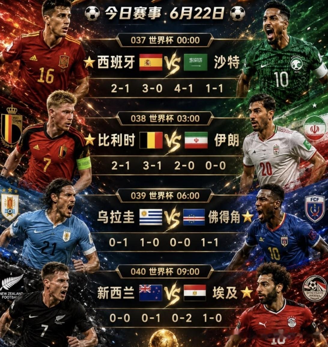 6月22日世界杯小组赛4场对决，强队该发力了，不能再玩儿火了。4年才一