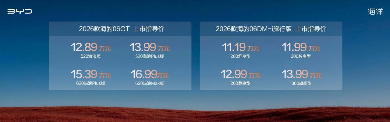 双豹齐发全维进阶！2026款海豹06GT售价12.89万元-16.99万元
