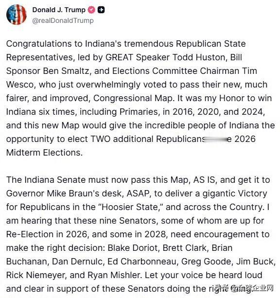 【黄金时代】川普大声疾呼，并且请大家大声疾呼，呼吁印第安纳九名参议员批准众议院已