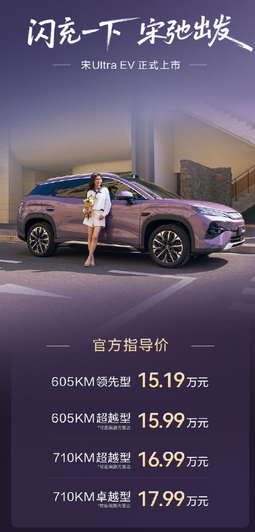 比亚迪宋UltraEV上市，价格15.19-17.99万元，选装天神之眼B激光