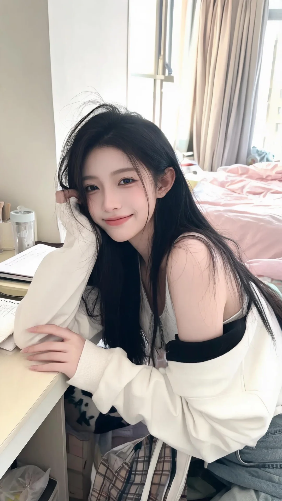 一位长发飘飘模样可爱的女生，尽显生活中的绚丽日常，人像摄影，日常快照风...